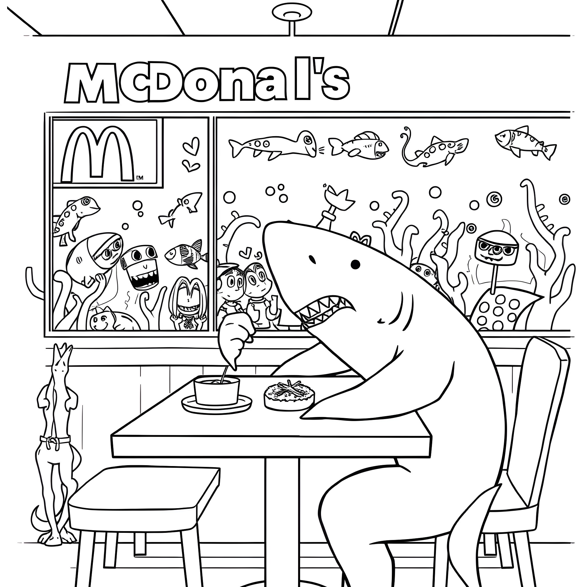 Shark enjoying a meal at McDonald's Coloring Page (free black-and-white line drawing printable PDF for all, from beginners to advanced learners, including children, teens, adults, and seniors)