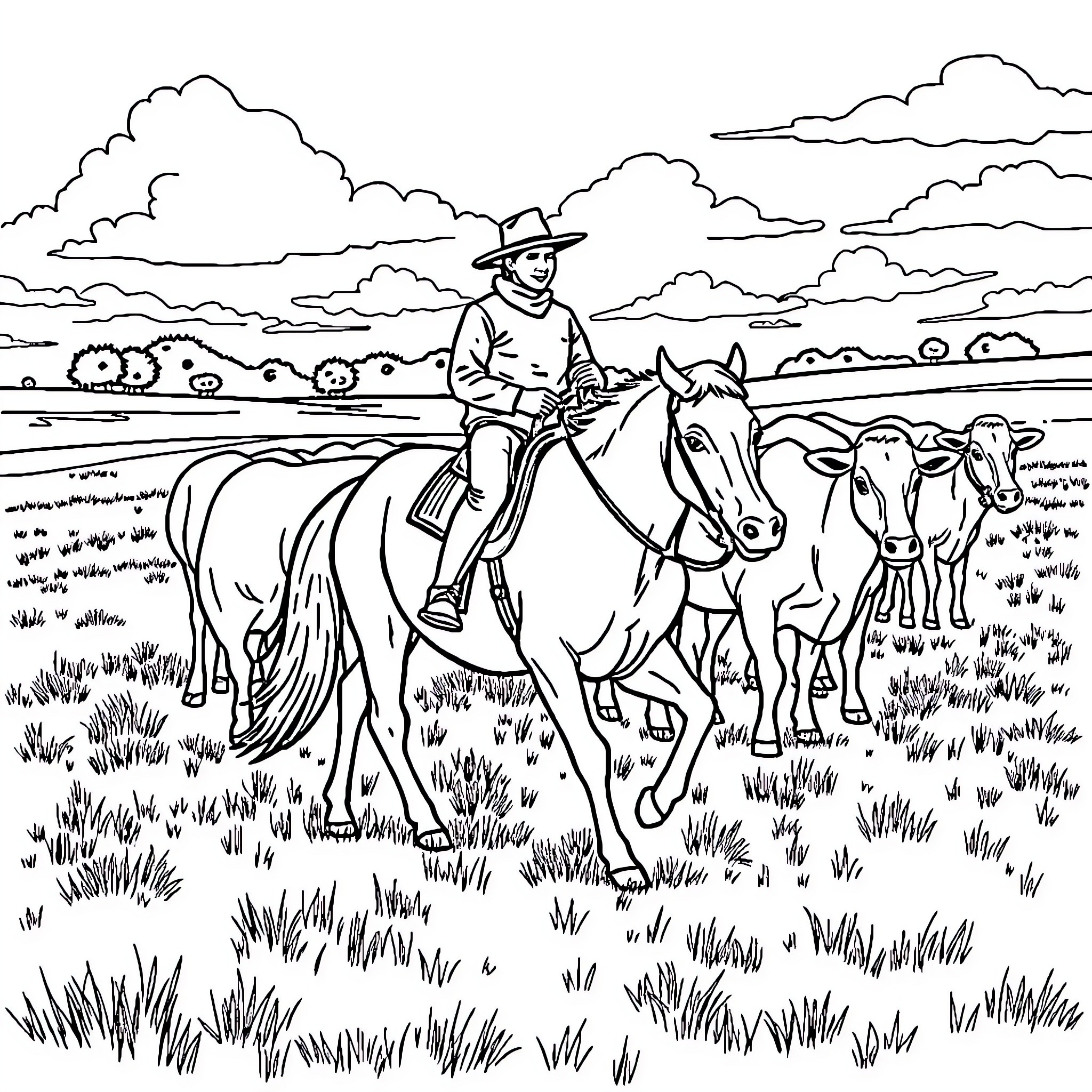 Person riding horse in a countryside setting Coloring Page (free black-and-white line drawing printable PDF for all, from beginners to advanced learners, including children, teens, adults, and seniors)