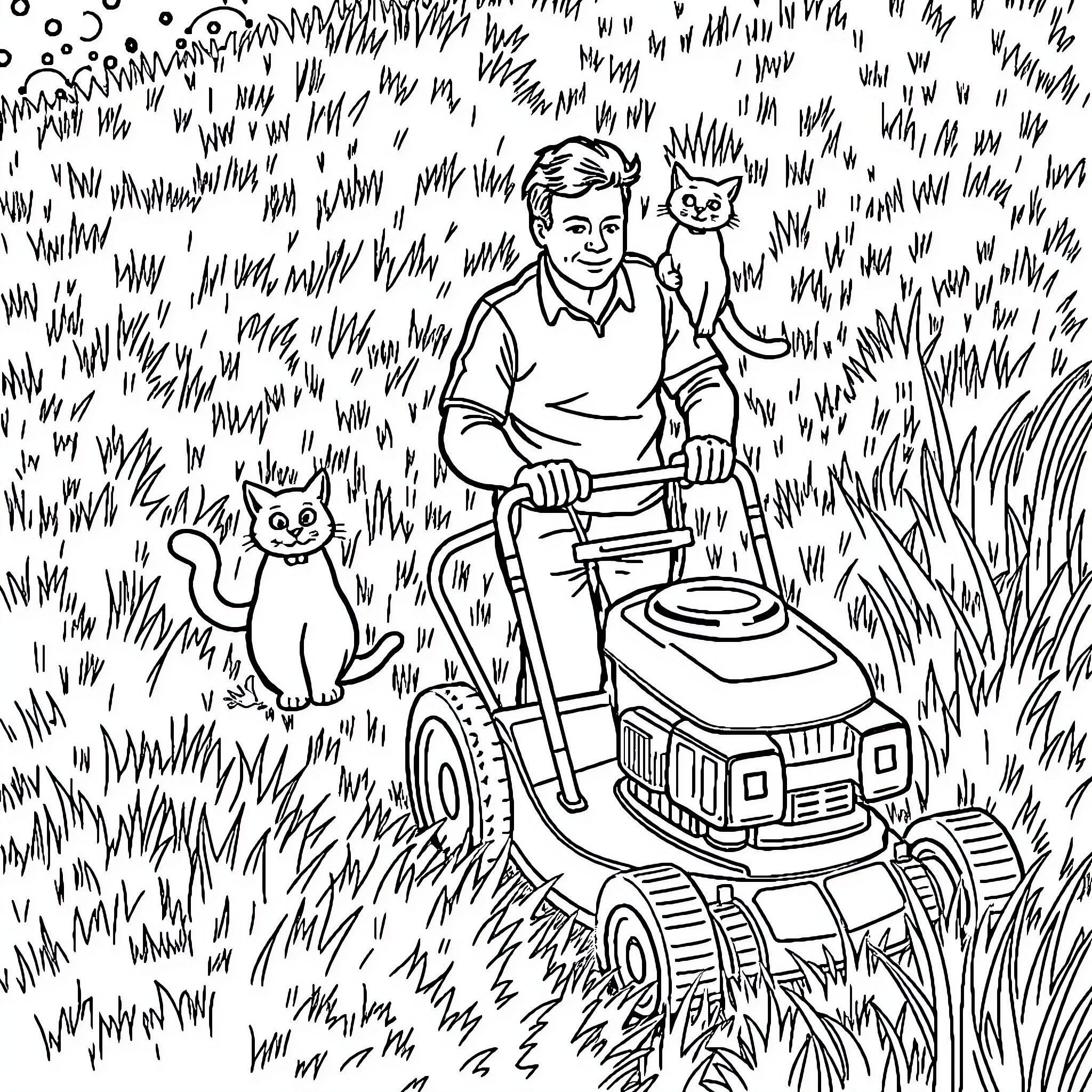 Man mowing lawn with cats watching Coloring Page (free black-and-white line drawing printable PDF for all, from beginners to advanced learners, including children, teens, adults, and seniors)