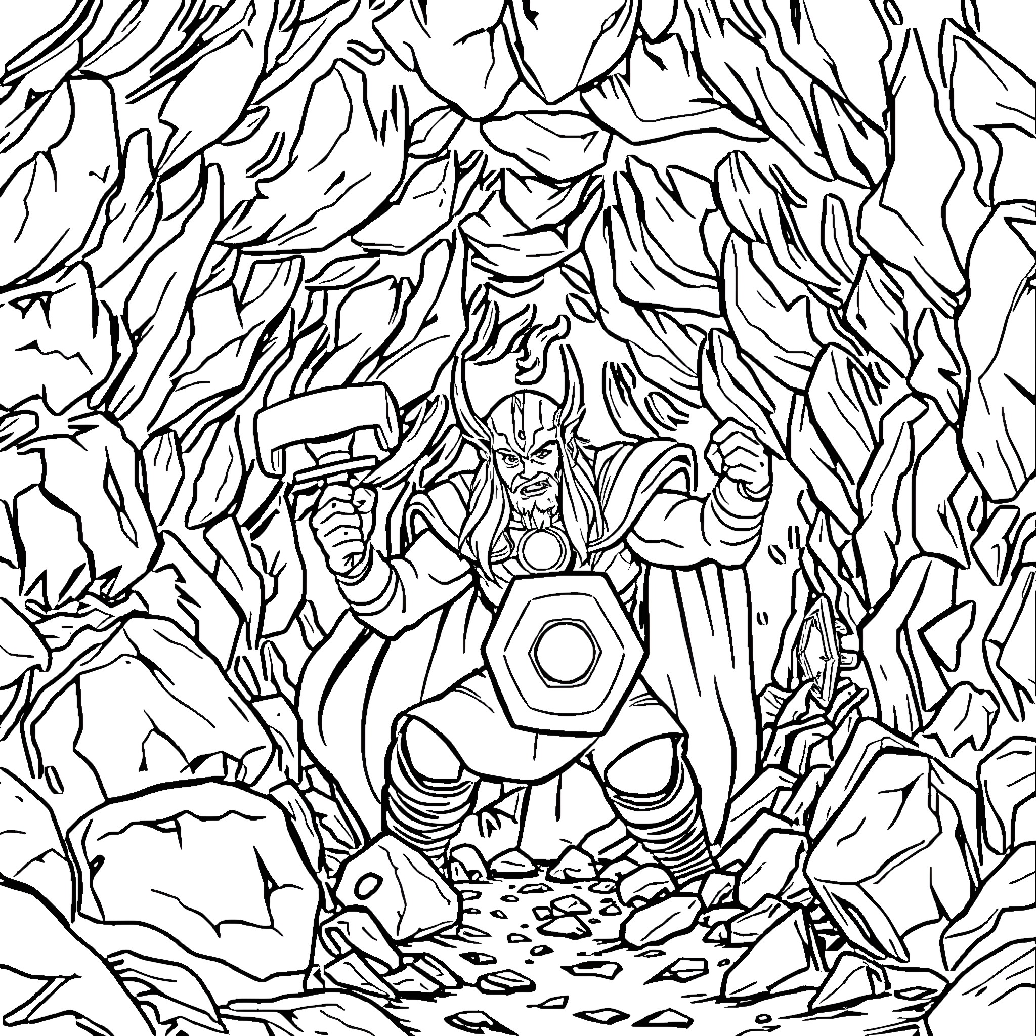 Thor Battles Through Icy Mountainous Terrain Coloring Page (free black-and-white line drawing printable PDF for all, from beginners to advanced learners, including children, teens, adults, and seniors)