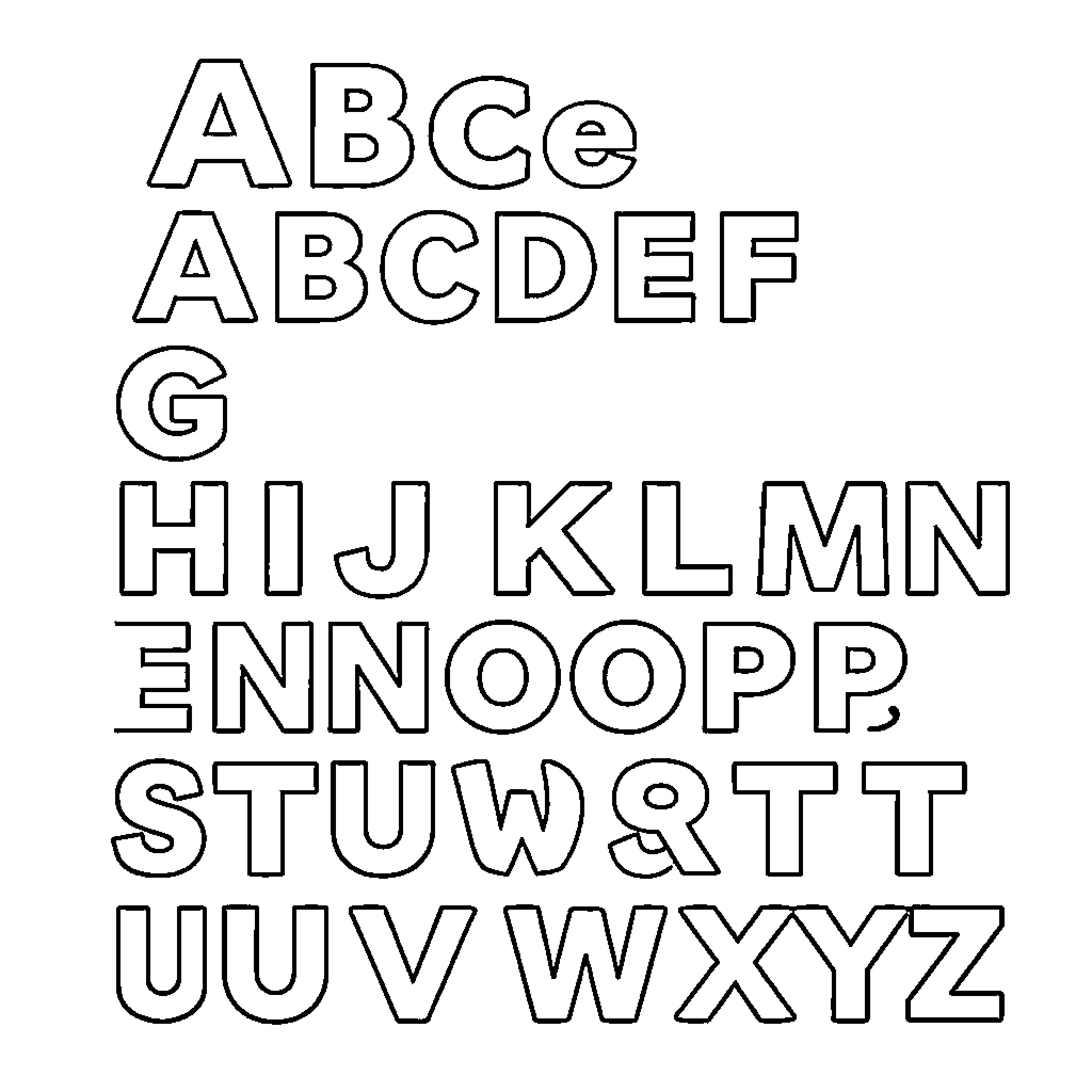 Alphabet letters in simple black outline Coloring Page (free black-and-white line drawing printable PDF for all, from beginners to advanced learners, including children, teens, adults, and seniors)