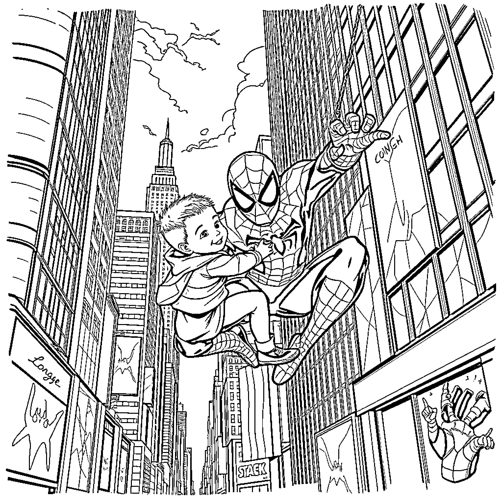 Spider-Man saving a child from the city skyline Coloring Page (free black-and-white line drawing printable PDF for all, from beginners to advanced learners, including children, teens, adults, and seniors)