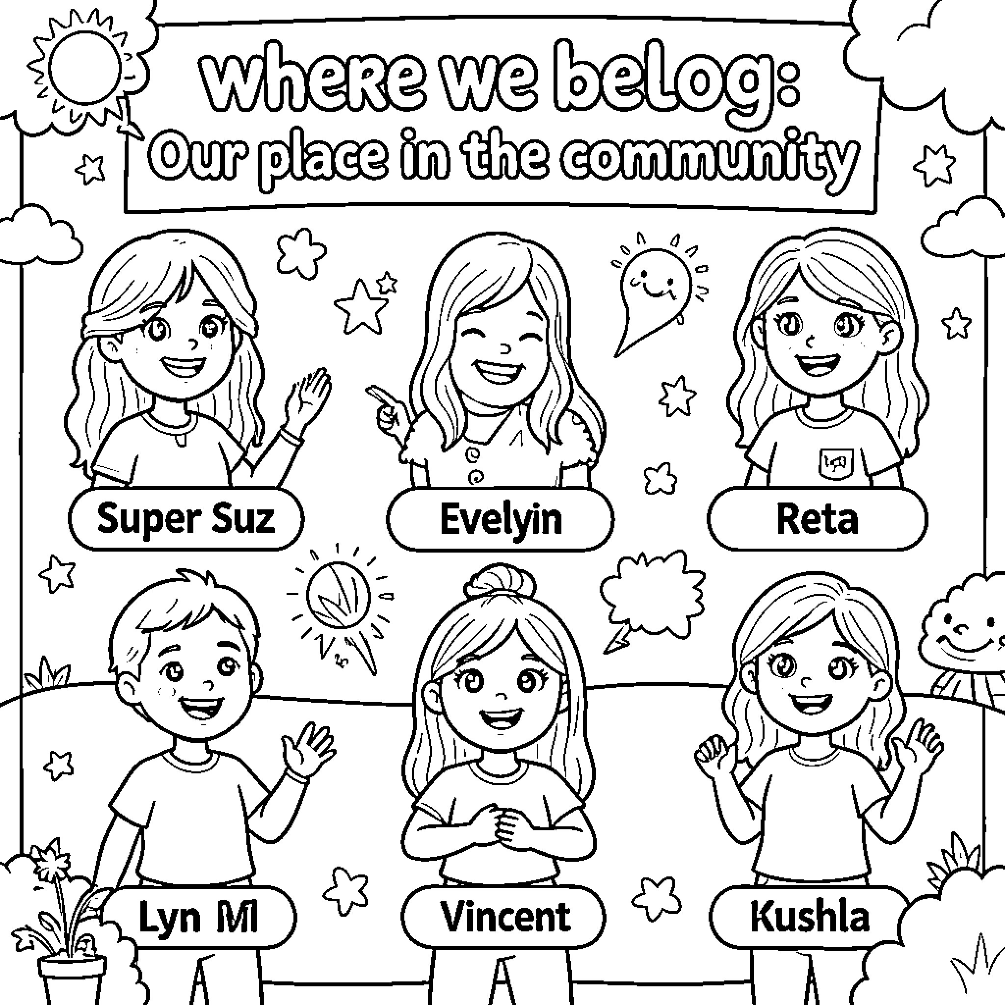 Teacher helps students explore their community Coloring Page (free black-and-white line drawing printable PDF for all, from beginners to advanced learners, including children, teens, adults, and seniors)