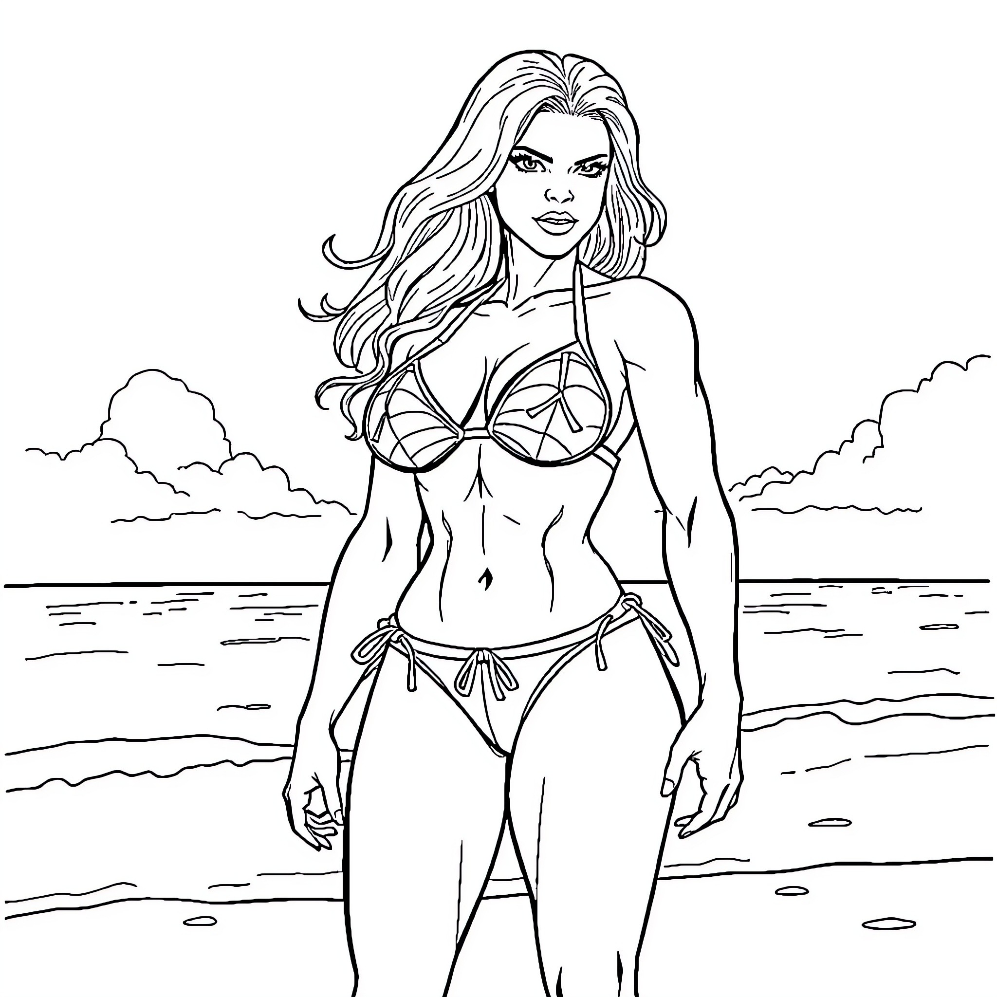 She-Hulk in a Confident Beachside Pose Coloring Page (free black-and-white line drawing printable PDF for all, from beginners to advanced learners, including children, teens, adults, and seniors)