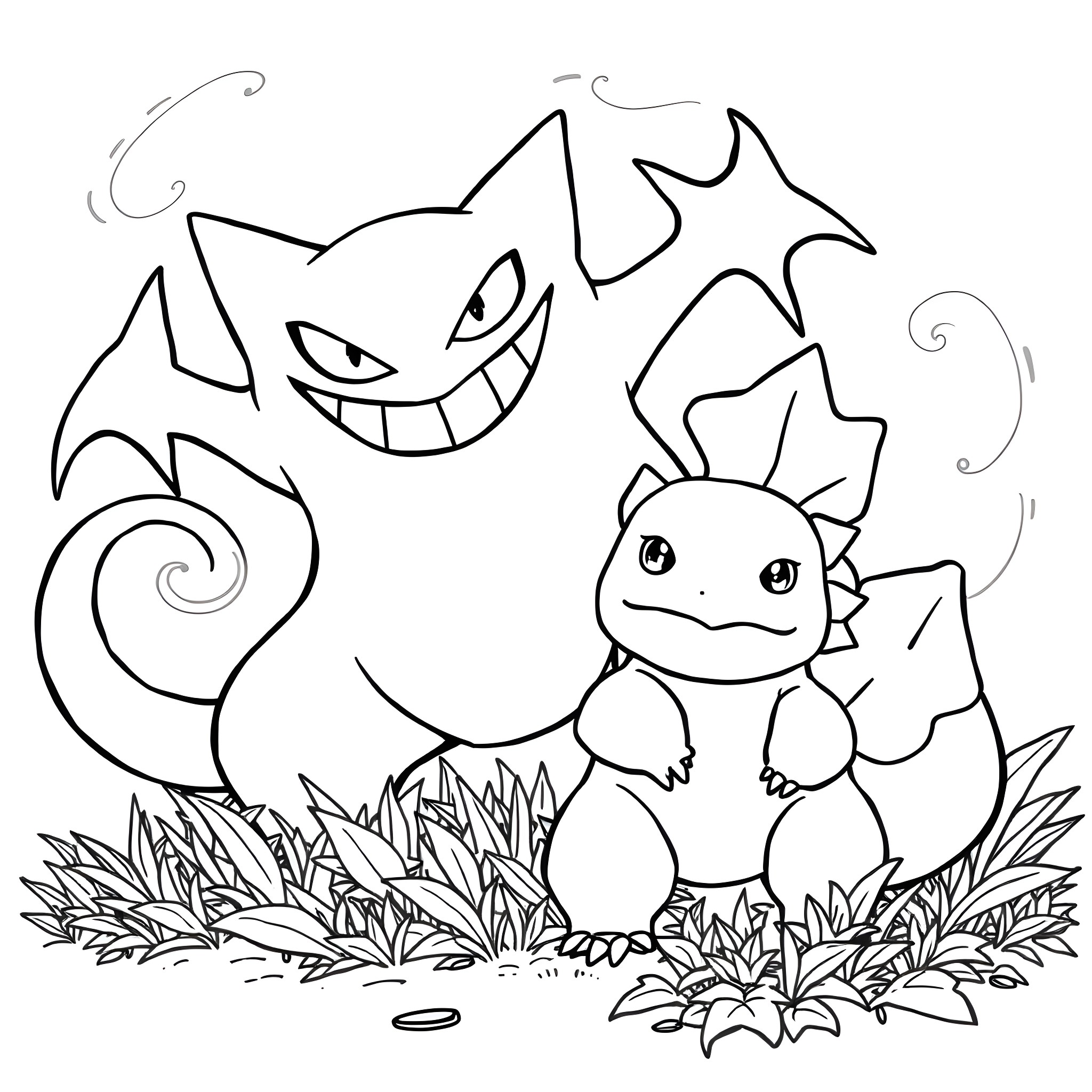 Gengar and Charmander enjoying a playful scene in nature Coloring Page (free black-and-white line drawing printable PDF for all, from beginners to advanced learners, including children, teens, adults, and seniors)