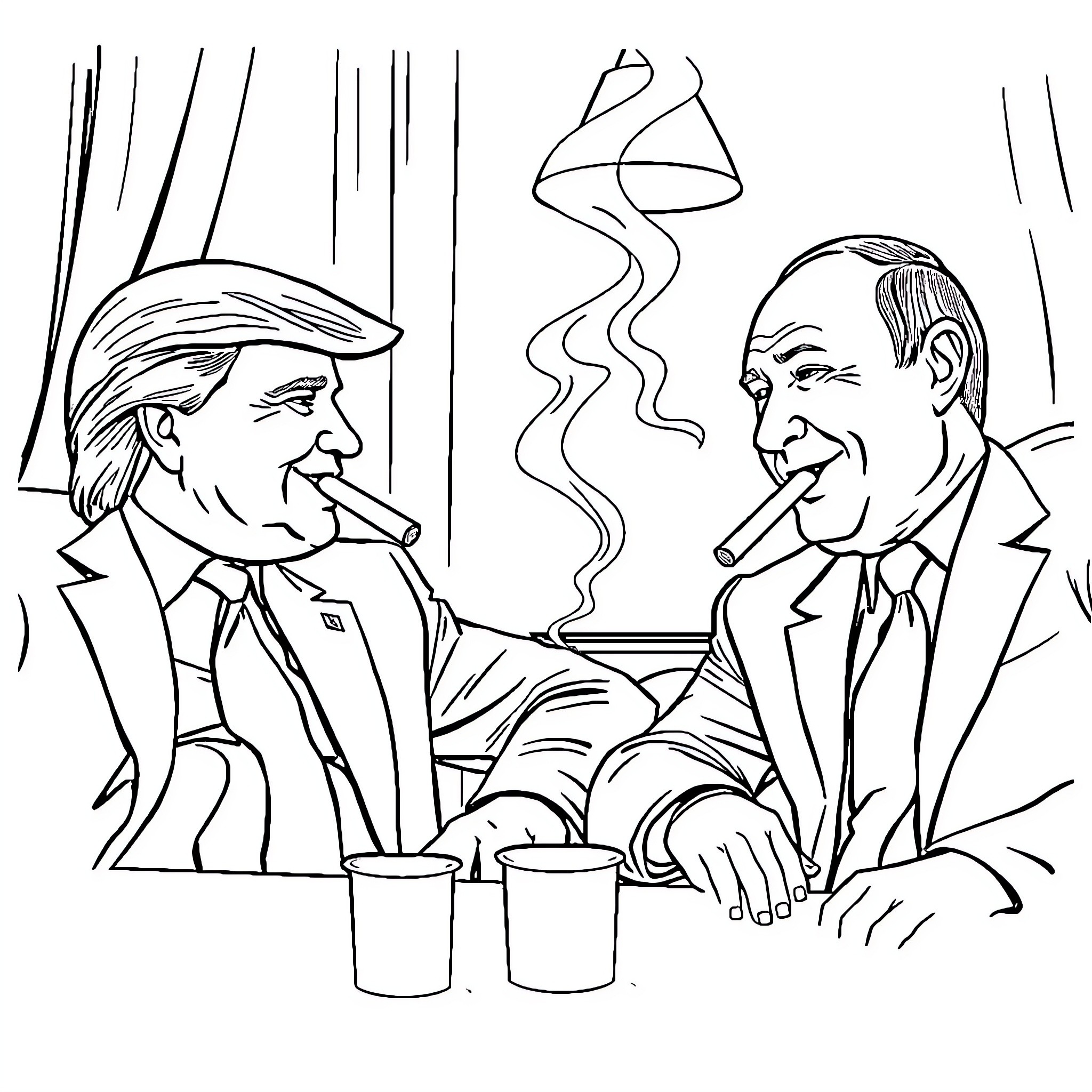 Donald Trump and Vladimir Putin smoking together Coloring Page (free black-and-white line drawing printable PDF for all, from beginners to advanced learners, including children, teens, adults, and seniors)