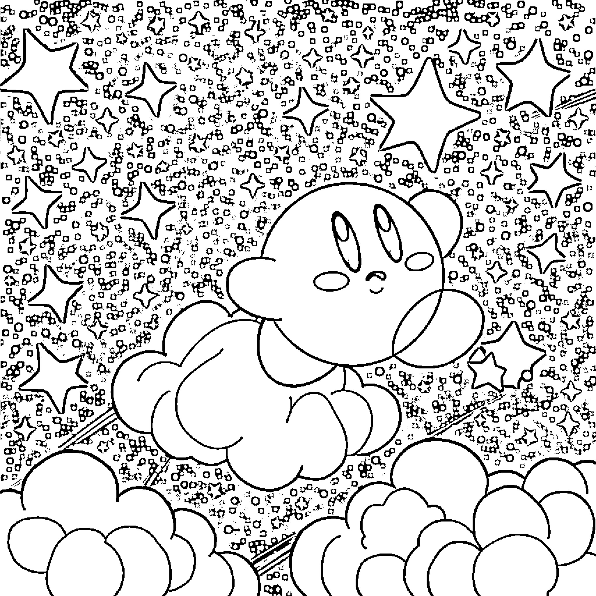 Kirby Surrounded by Whimsical Stars and Clouds Coloring Page (free black-and-white line drawing printable PDF for all, from beginners to advanced learners, including children, teens, adults, and seniors)