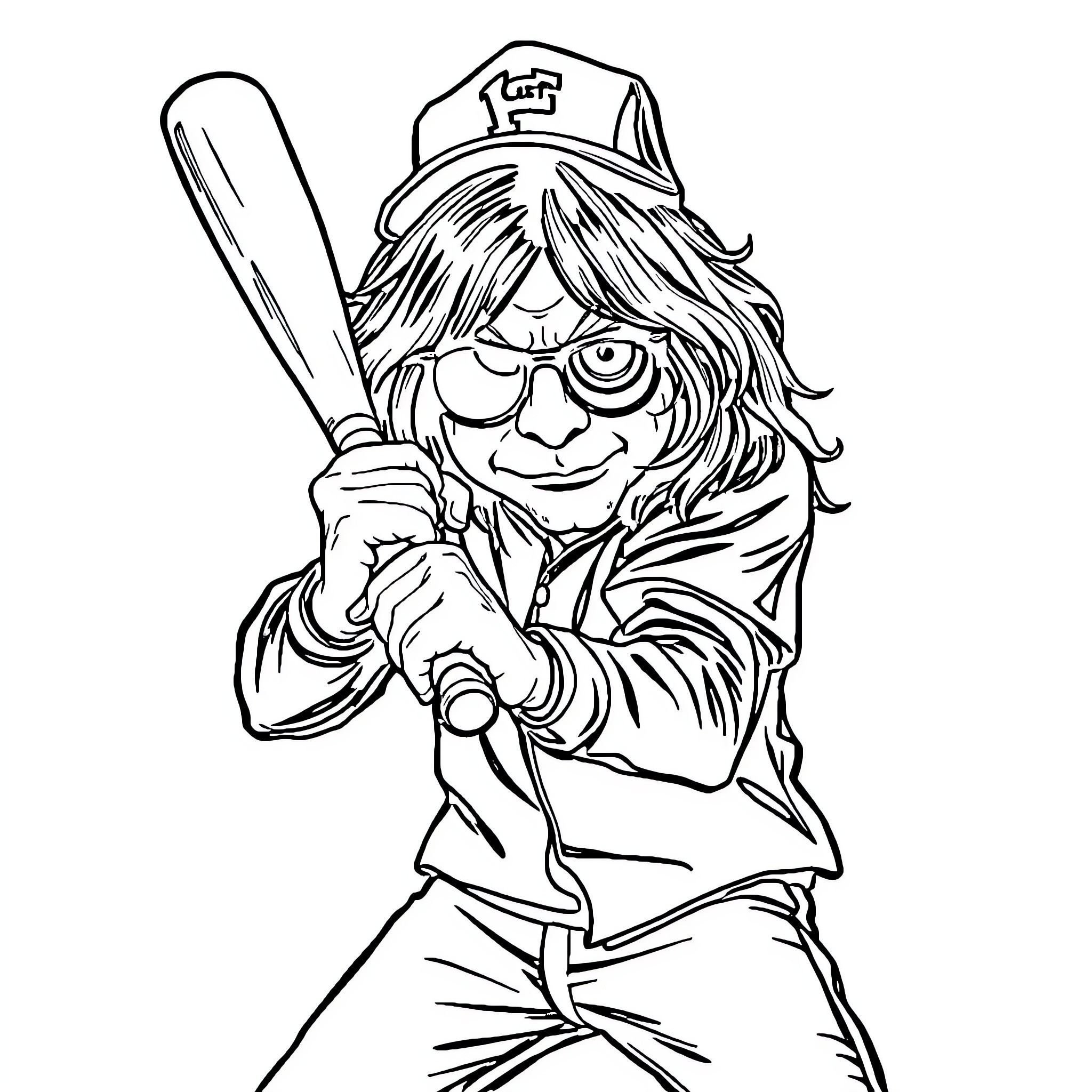 Ozzy playing baseball with enthusiasm Coloring Page (free black-and-white line drawing printable PDF for all, from beginners to advanced learners, including children, teens, adults, and seniors)
