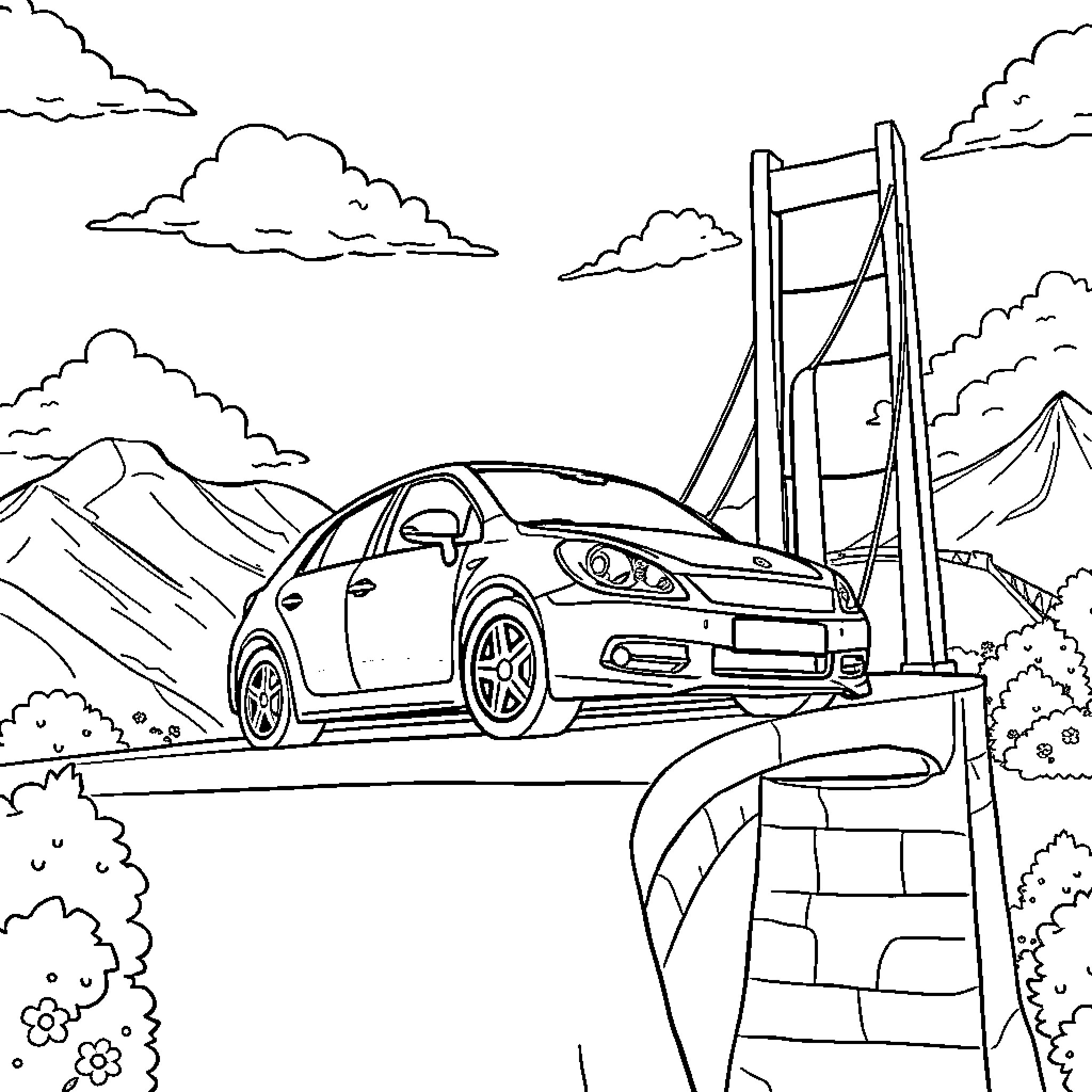 Bluey's Car Ride Through the Mountains Coloring Page (free black-and-white line drawing printable PDF for all, from beginners to advanced learners, including children, teens, adults, and seniors)