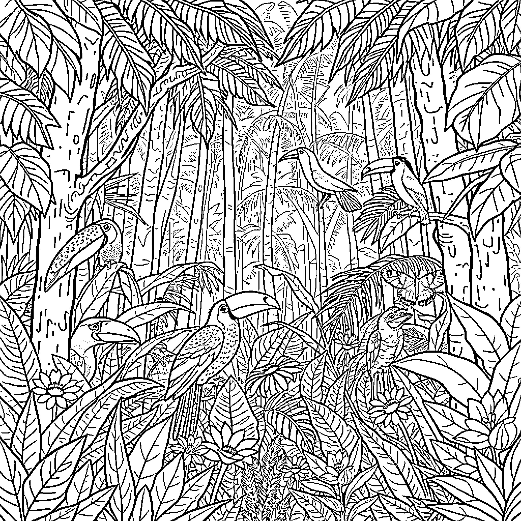 Animal Illustration of Tropical Jungle Scene Coloring Page (free black-and-white line drawing printable PDF for all, from beginners to advanced learners, including children, teens, adults, and seniors)