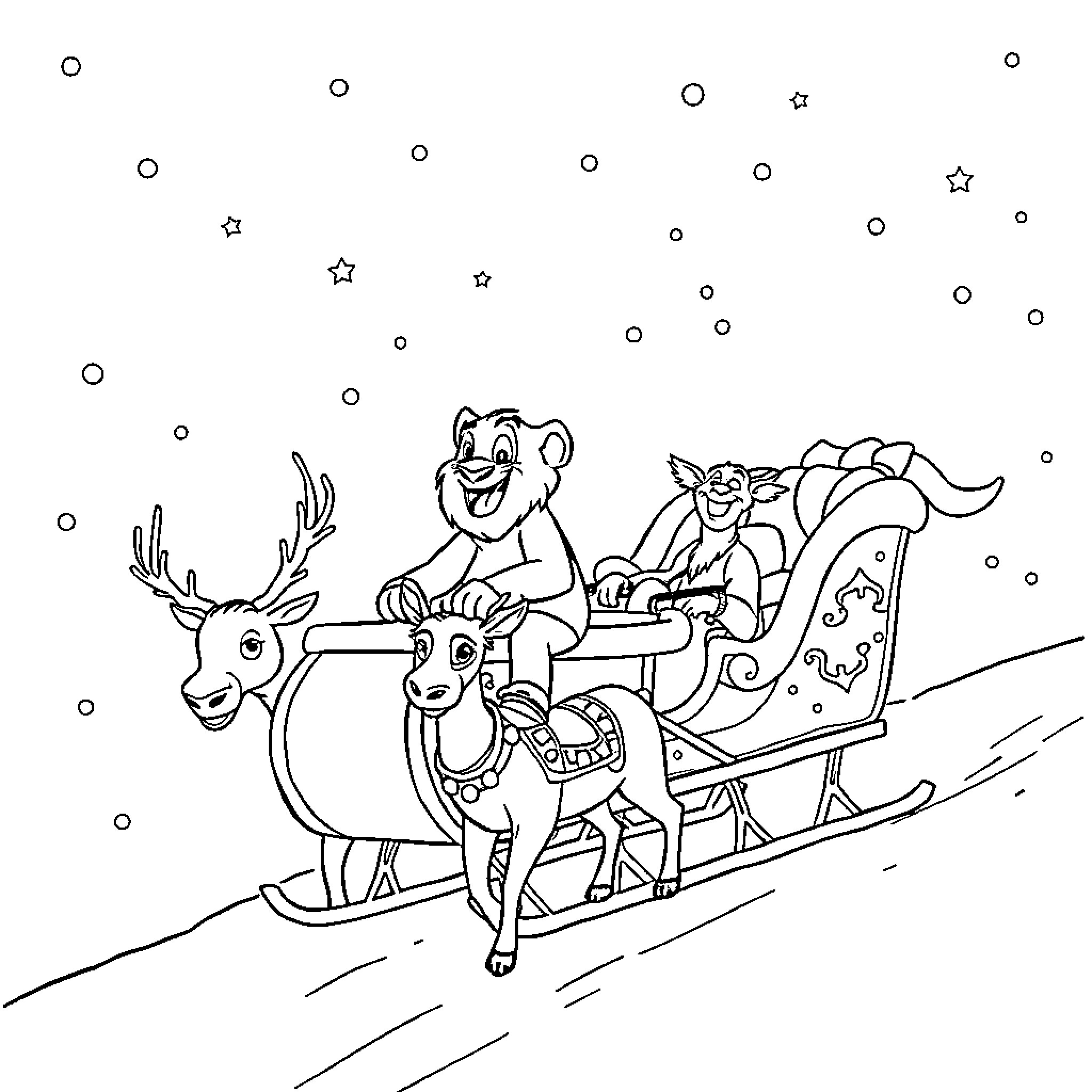 Timon and Pumbaa riding on a sled with deer in the snow Coloring Page (free black-and-white line drawing printable PDF for all, from beginners to advanced learners, including children, teens, adults, and seniors)