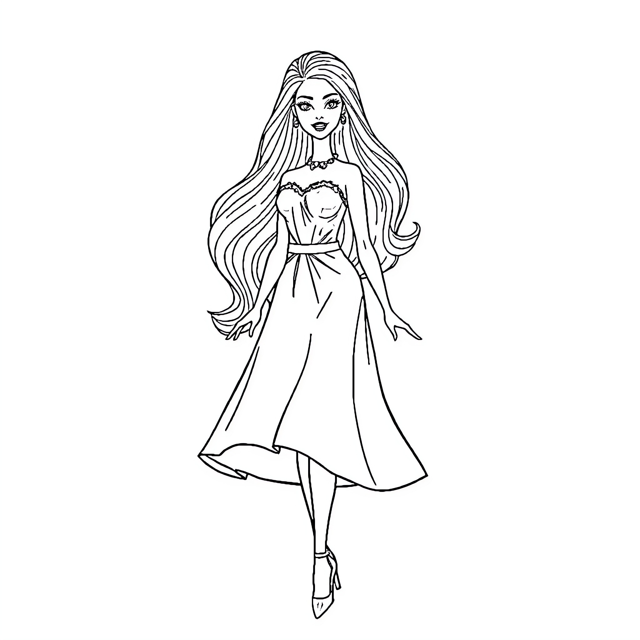 Barbie dressed in elegant evening gown Coloring Page (free black-and-white line drawing printable PDF for all, from beginners to advanced learners, including children, teens, adults, and seniors)