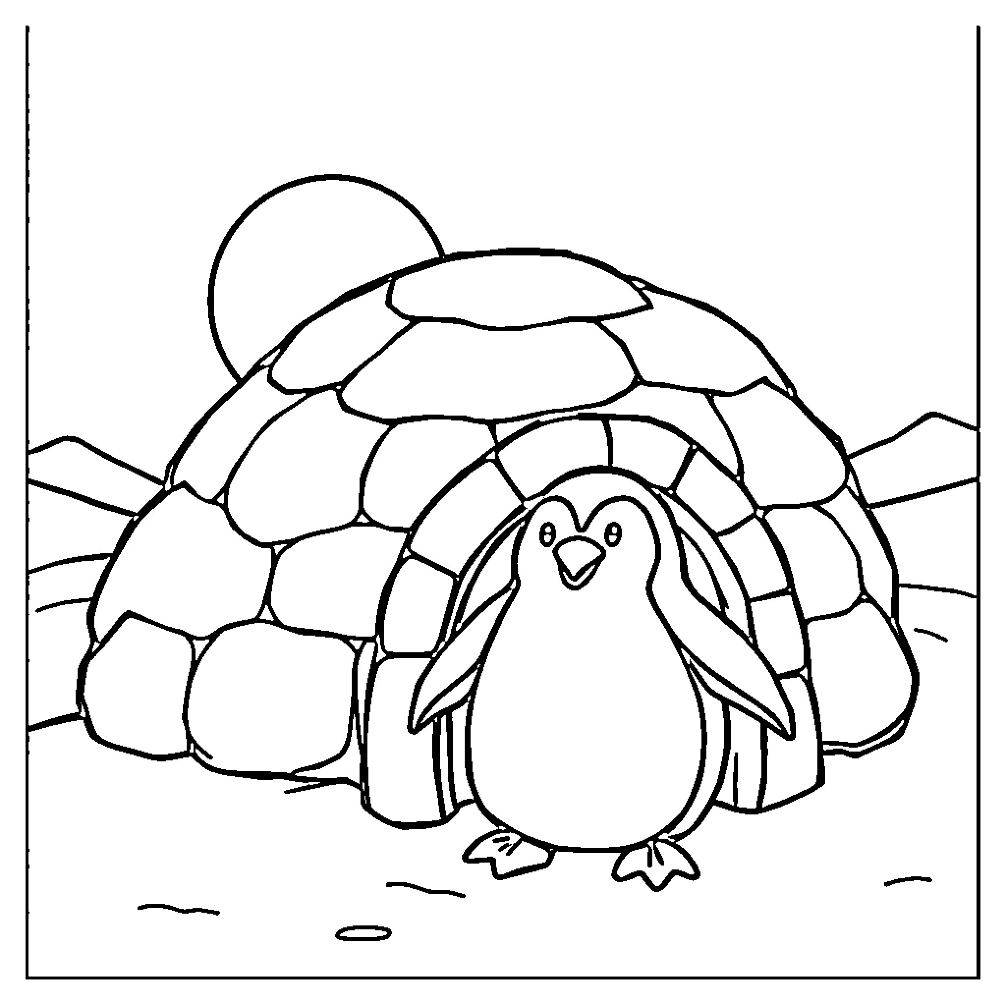 Penguin standing outside of an igloo Coloring Page (free black-and-white line drawing printable PDF for all, from beginners to advanced learners, including children, teens, adults, and seniors)