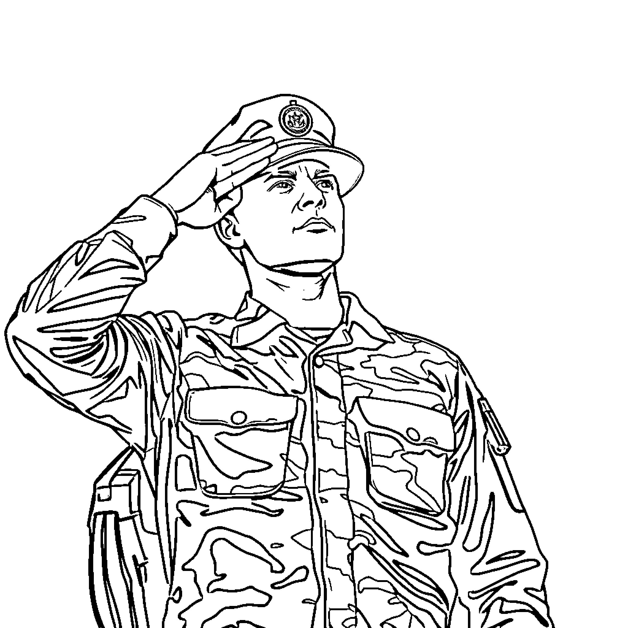 Soldier in military uniform saluting Coloring Page (free black-and-white line drawing printable PDF for all, from beginners to advanced learners, including children, teens, adults, and seniors)