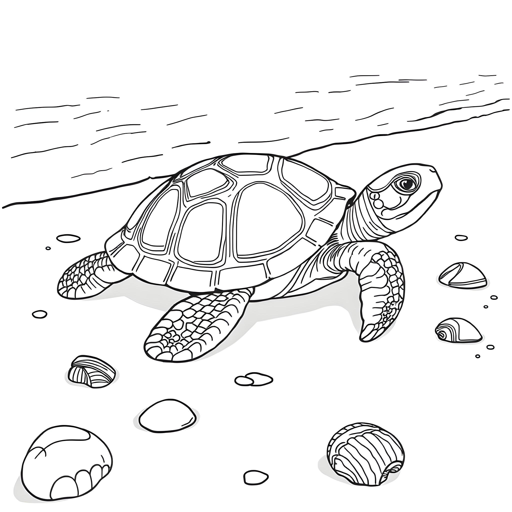 Turtle exploring the seabed Coloring Page (free black-and-white line drawing printable PDF for all, from beginners to advanced learners, including children, teens, adults, and seniors)