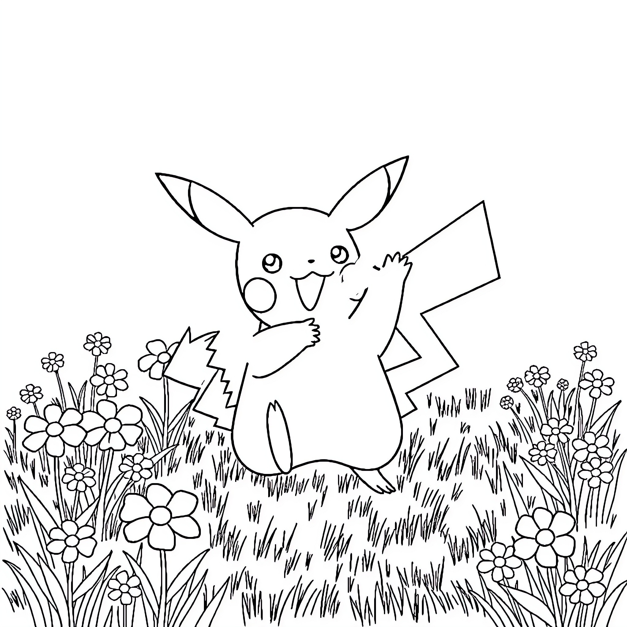 Pikachu playing in a flowery meadow Coloring Page (free black-and-white line drawing printable PDF for all, from beginners to advanced learners, including children, teens, adults, and seniors)