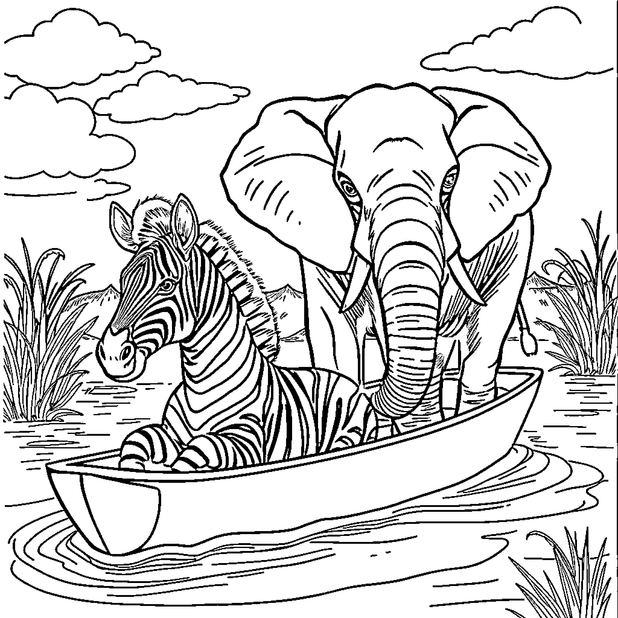 Zebra and elephant in a boat on the river Coloring Page (free black-and-white line drawing printable PDF for all, from beginners to advanced learners, including children, teens, adults, and seniors)