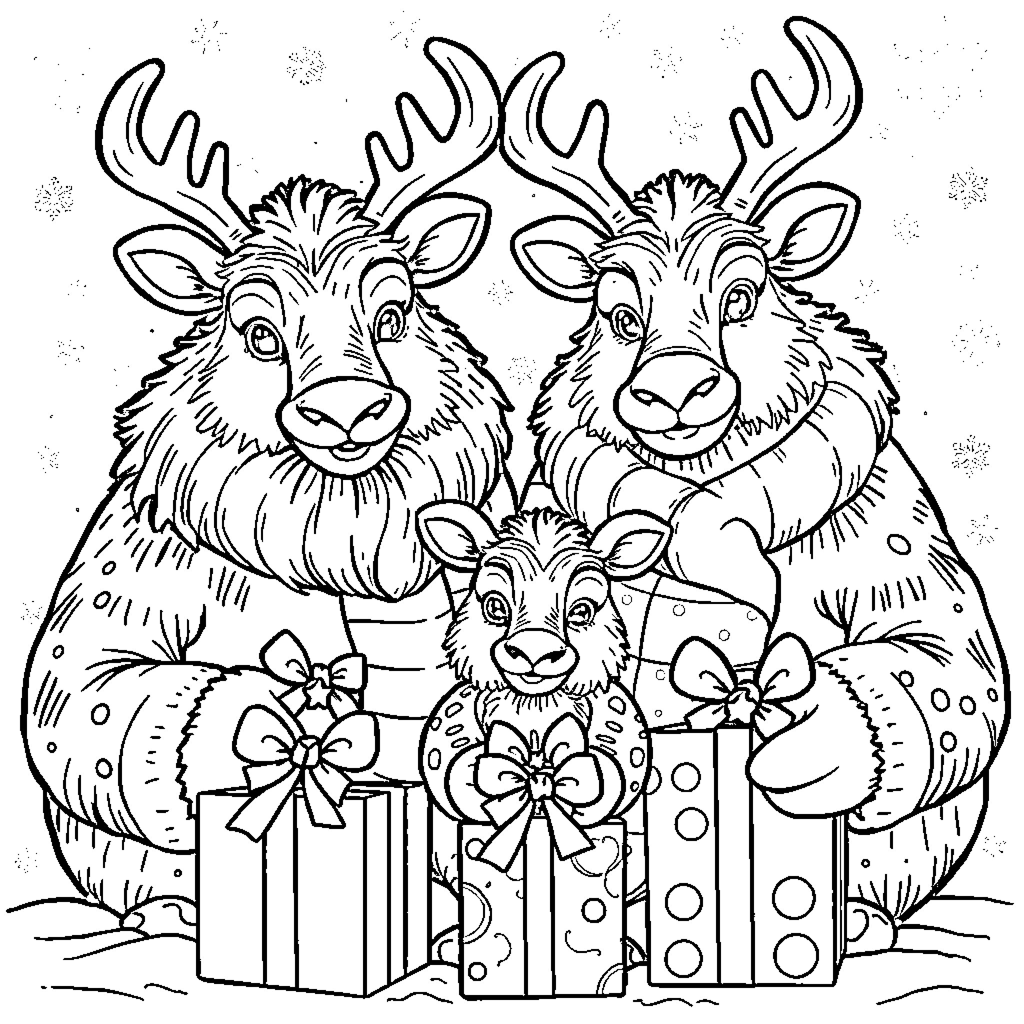 Reno reindeer family celebrating with presents Coloring Page (free black-and-white line drawing printable PDF for all, from beginners to advanced learners, including children, teens, adults, and seniors)