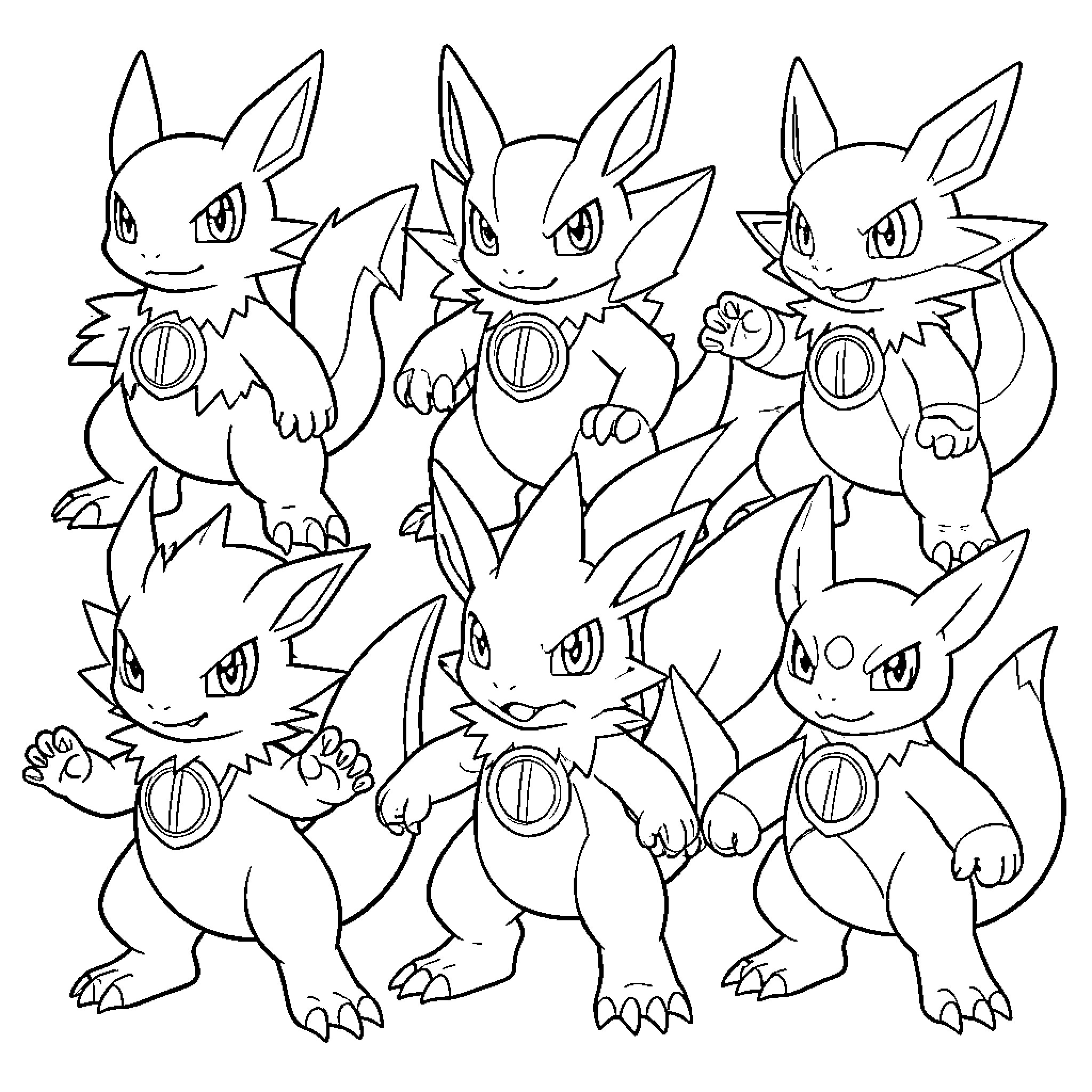Digimon Creatures in Fierce Stances Coloring Page (free black-and-white line drawing printable PDF for all, from beginners to advanced learners, including children, teens, adults, and seniors)