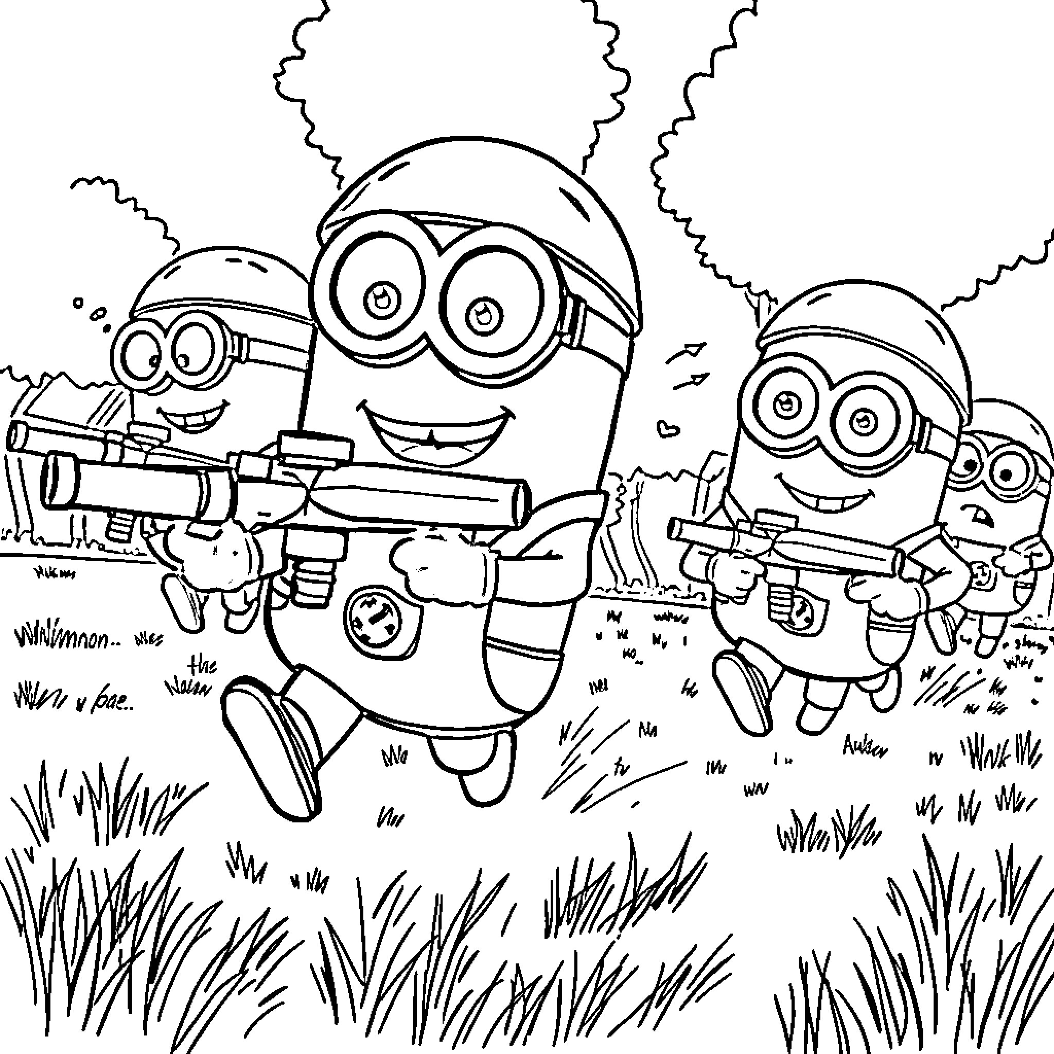Minions playing with toy guns in the grass Coloring Page (free black-and-white line drawing printable PDF for all, from beginners to advanced learners, including children, teens, adults, and seniors)