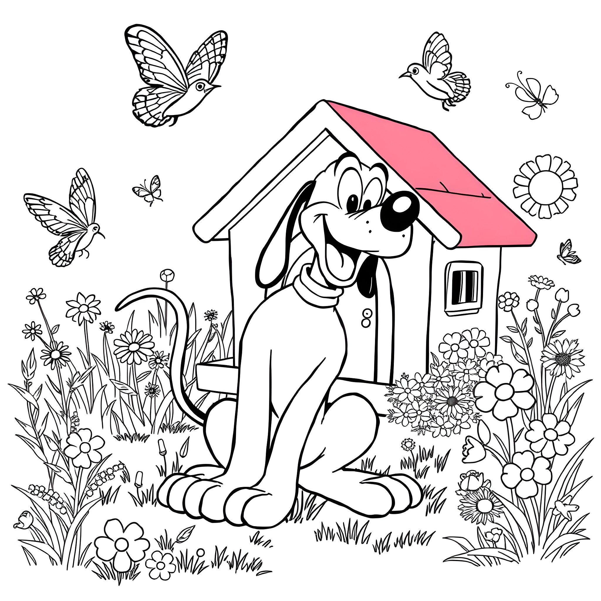 Pluto's playful day in the garden Coloring Page (free black-and-white line drawing printable PDF for all, from beginners to advanced learners, including children, teens, adults, and seniors)