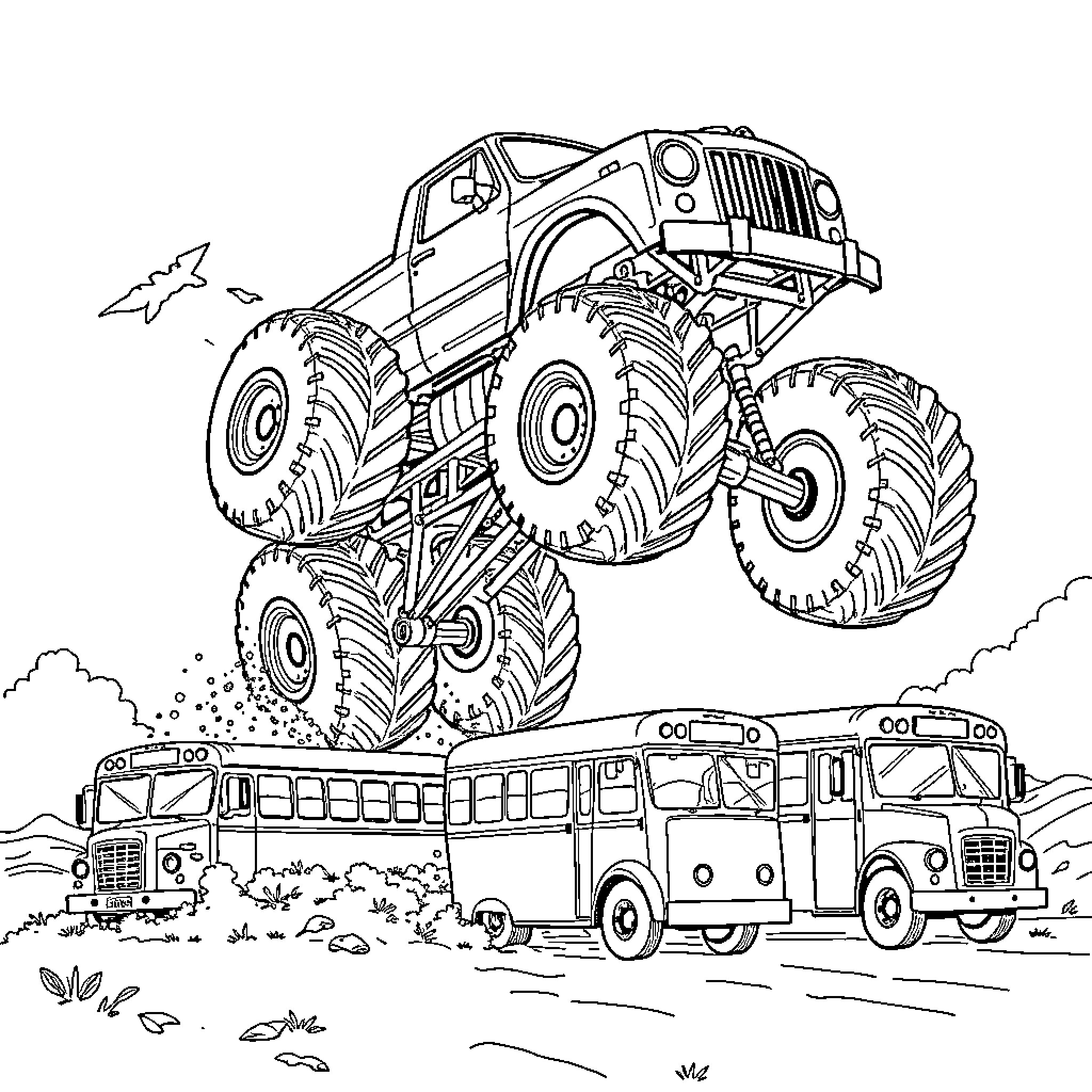 Monster Truck jumping over buses on a muddy terrain Coloring Page (free black-and-white line drawing printable PDF for all, from beginners to advanced learners, including children, teens, adults, and seniors)