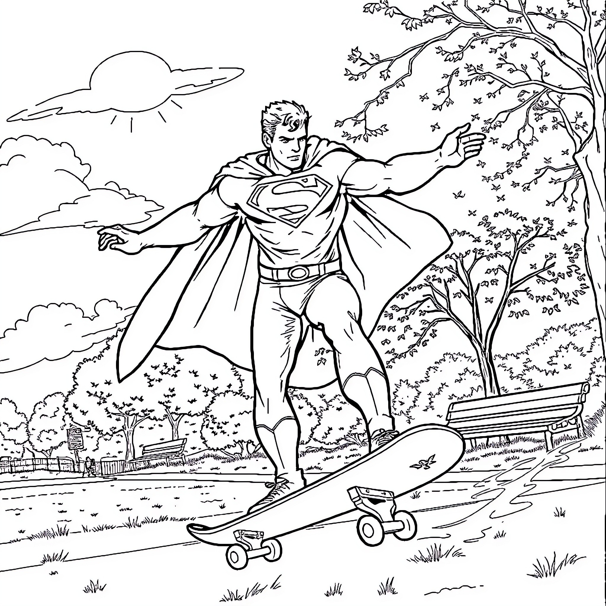 Superman soaring above city in colorful landscape Coloring Page (free black-and-white line drawing printable PDF for all, from beginners to advanced learners, including children, teens, adults, and seniors)