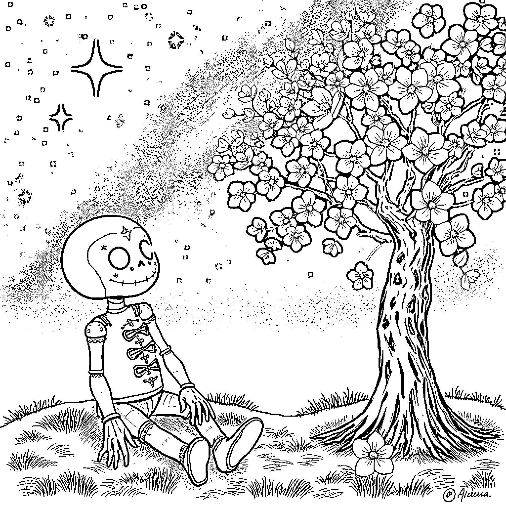 Voodoo Doll figure contemplating under a blooming tree Coloring Page (free black-and-white line drawing printable PDF for all, from beginners to advanced learners, including children, teens, adults, and seniors)