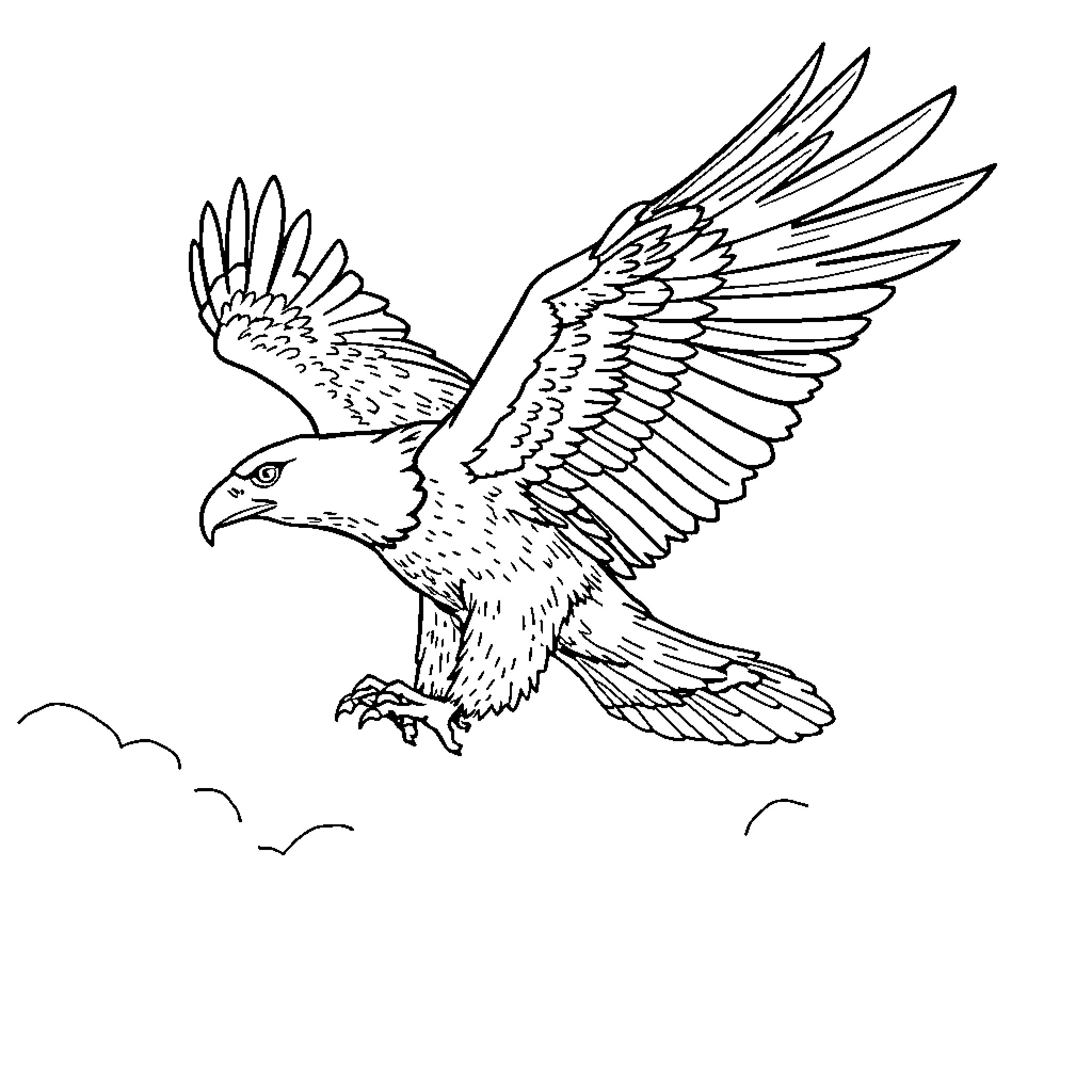 Eagle soaring gracefully through the sky Coloring Page (free black-and-white line drawing printable PDF for all, from beginners to advanced learners, including children, teens, adults, and seniors)