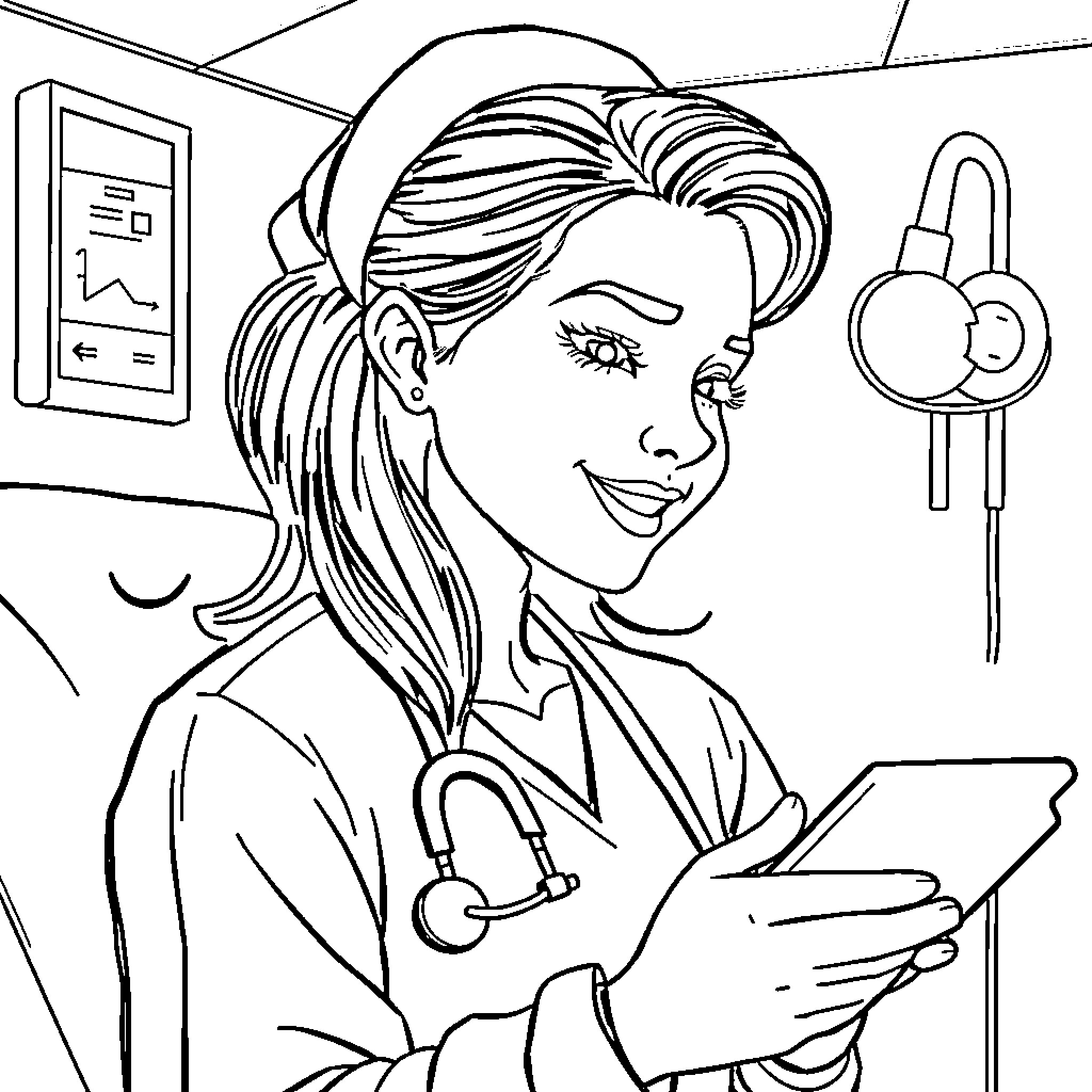 Nurse examining patient records on digital tablet Coloring Page (free black-and-white line drawing printable PDF for all, from beginners to advanced learners, including children, teens, adults, and seniors)