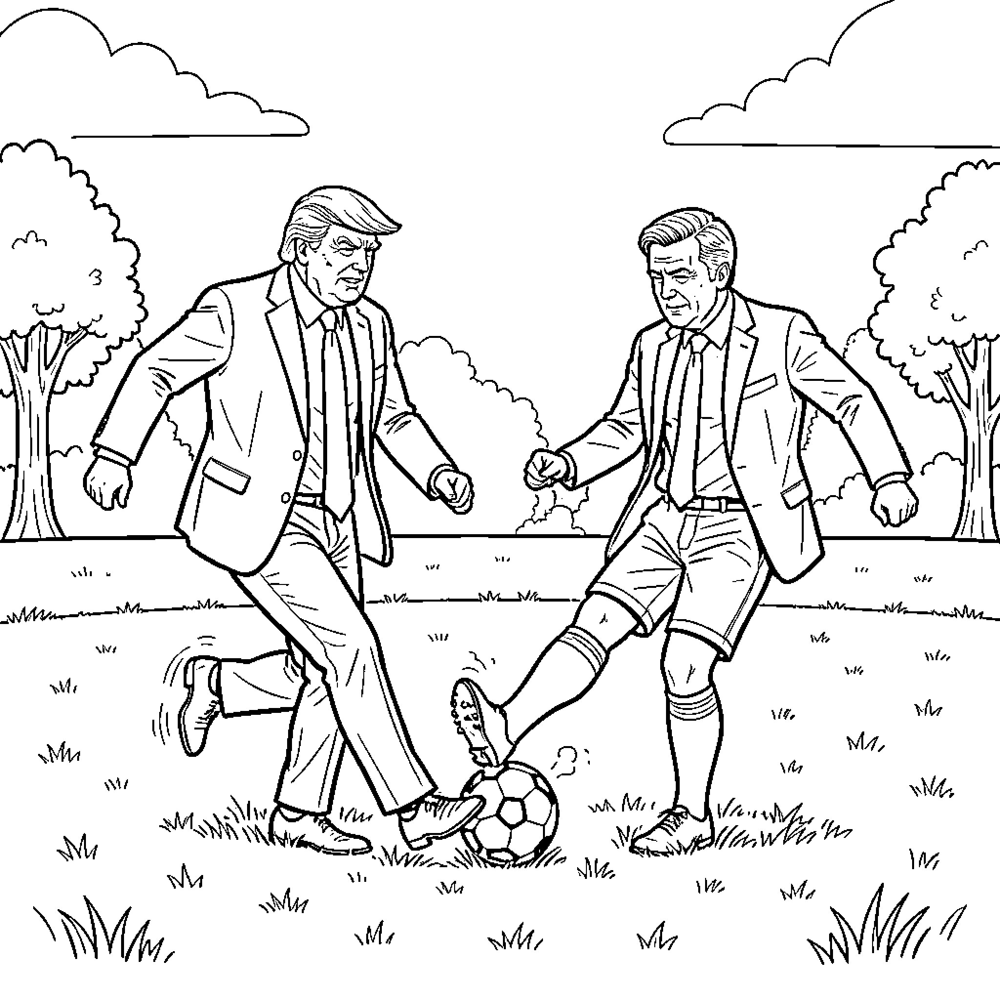 Trump playing soccer with another man in a park Coloring Page (free black-and-white line drawing printable PDF for all, from beginners to advanced learners, including children, teens, adults, and seniors)