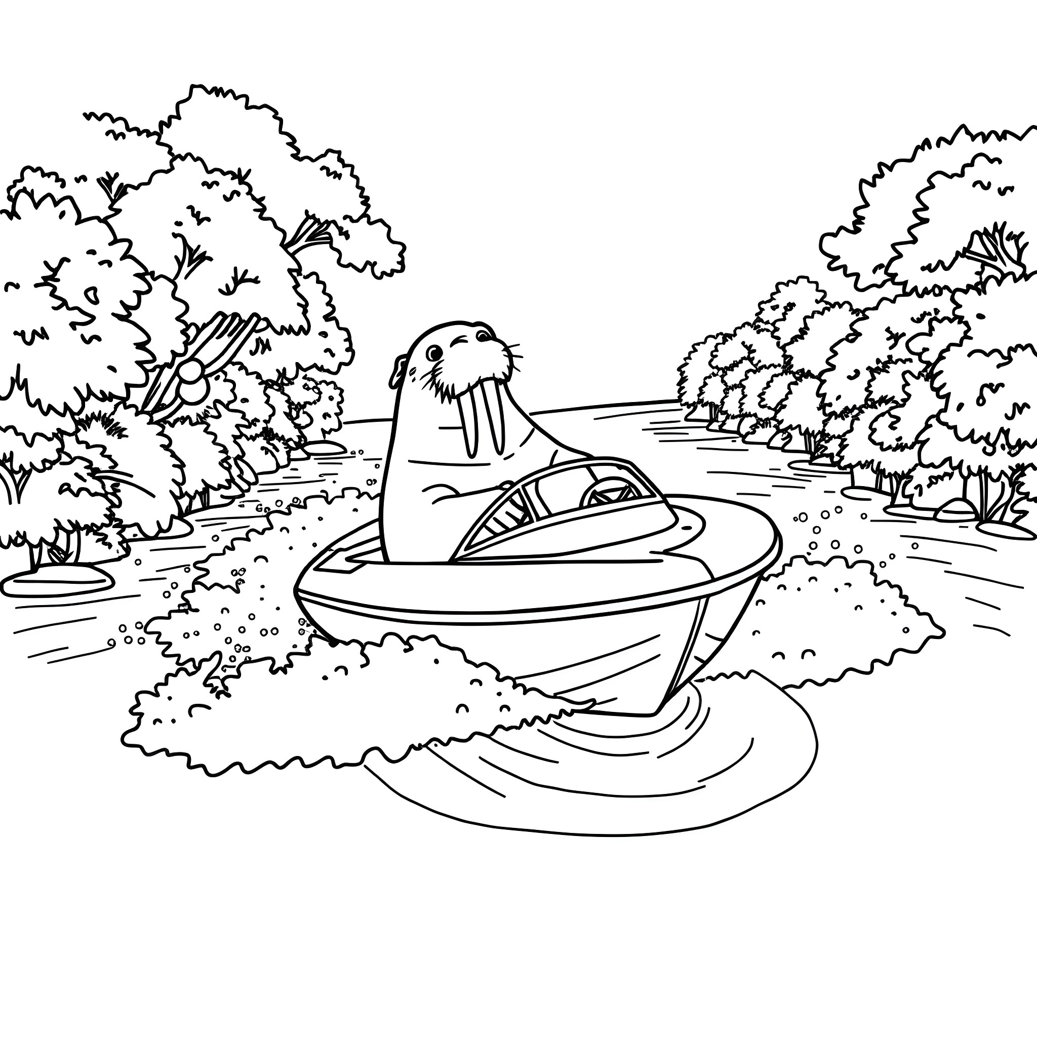 Walrus driving an amphibious vehicle through a pond Coloring Page (free black-and-white line drawing printable PDF for all, from beginners to advanced learners, including children, teens, adults, and seniors)