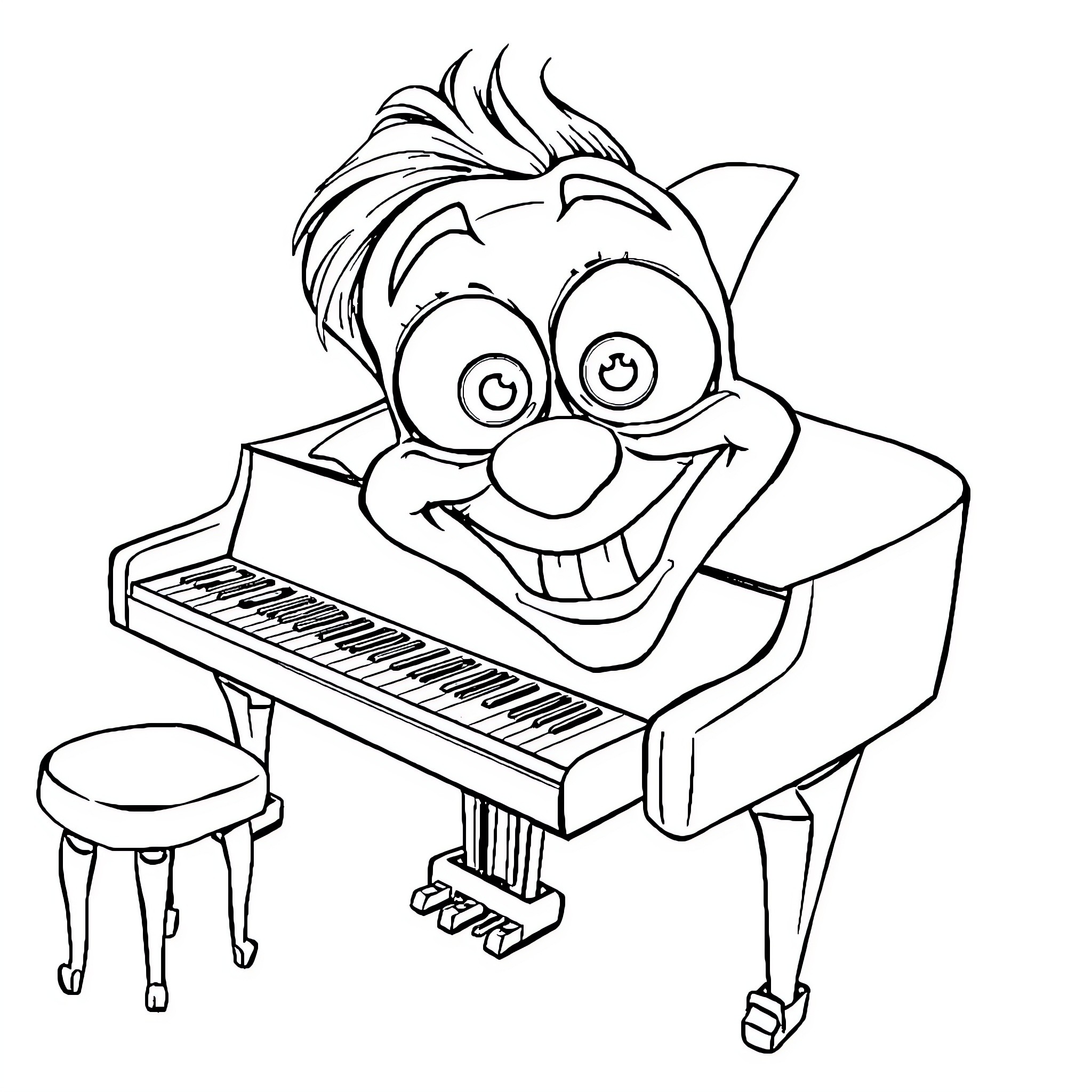Piano-playing Cartoon Character with Playful Expressions Coloring Page (free black-and-white line drawing printable PDF for all, from beginners to advanced learners, including children, teens, adults, and seniors)