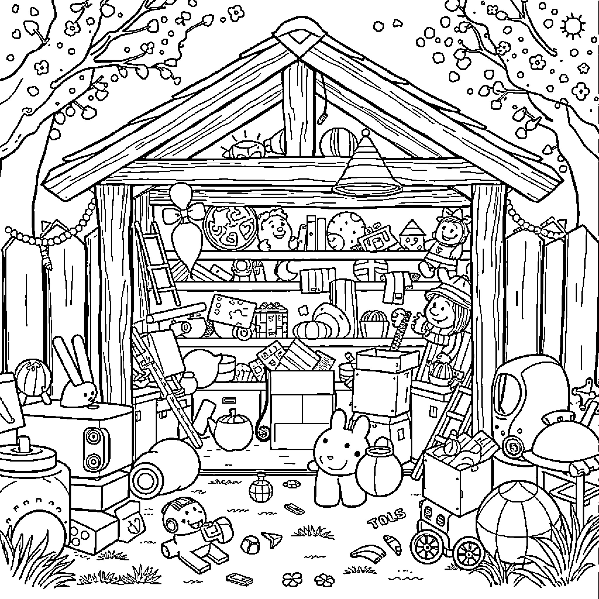 Play Shed with Toys and Curiosities Coloring Page (free black-and-white line drawing printable PDF for all, from beginners to advanced learners, including children, teens, adults, and seniors)