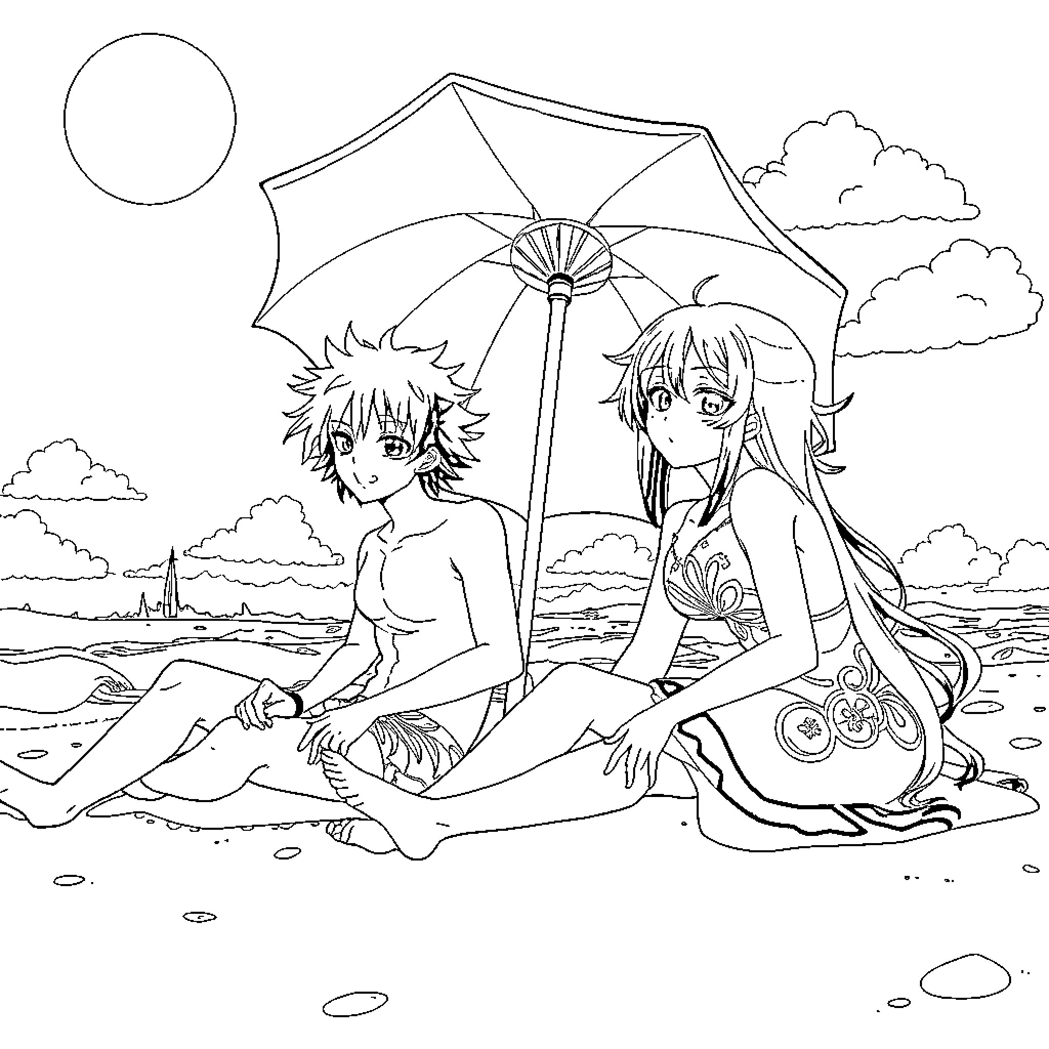 Kimetsu no Yaiba - Characters relaxing at the beach Coloring Page (free black-and-white line drawing printable PDF for all, from beginners to advanced learners, including children, teens, adults, and seniors)