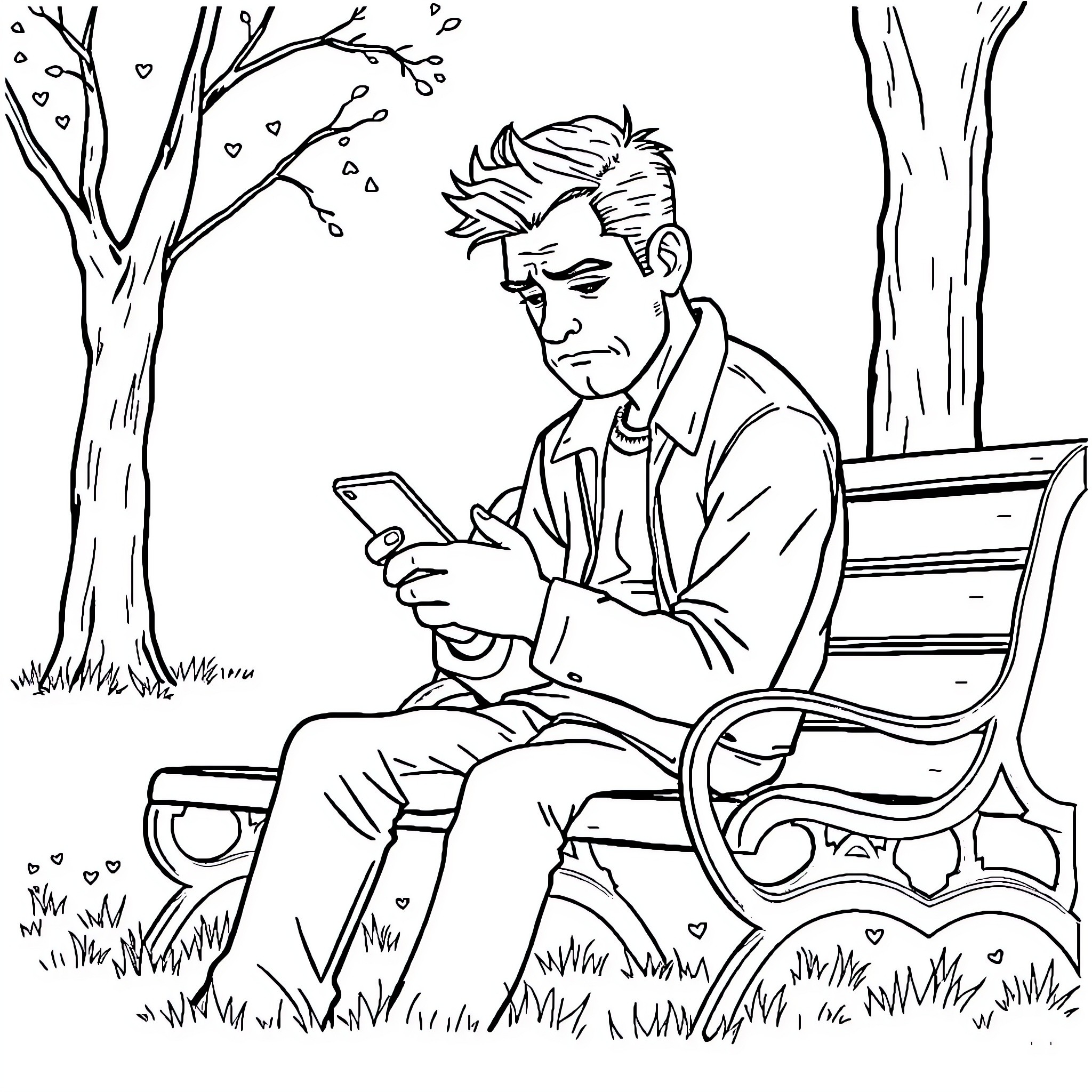 Man relaxing on a park bench and using his phone Coloring Page (free black-and-white line drawing printable PDF for all, from beginners to advanced learners, including children, teens, adults, and seniors)