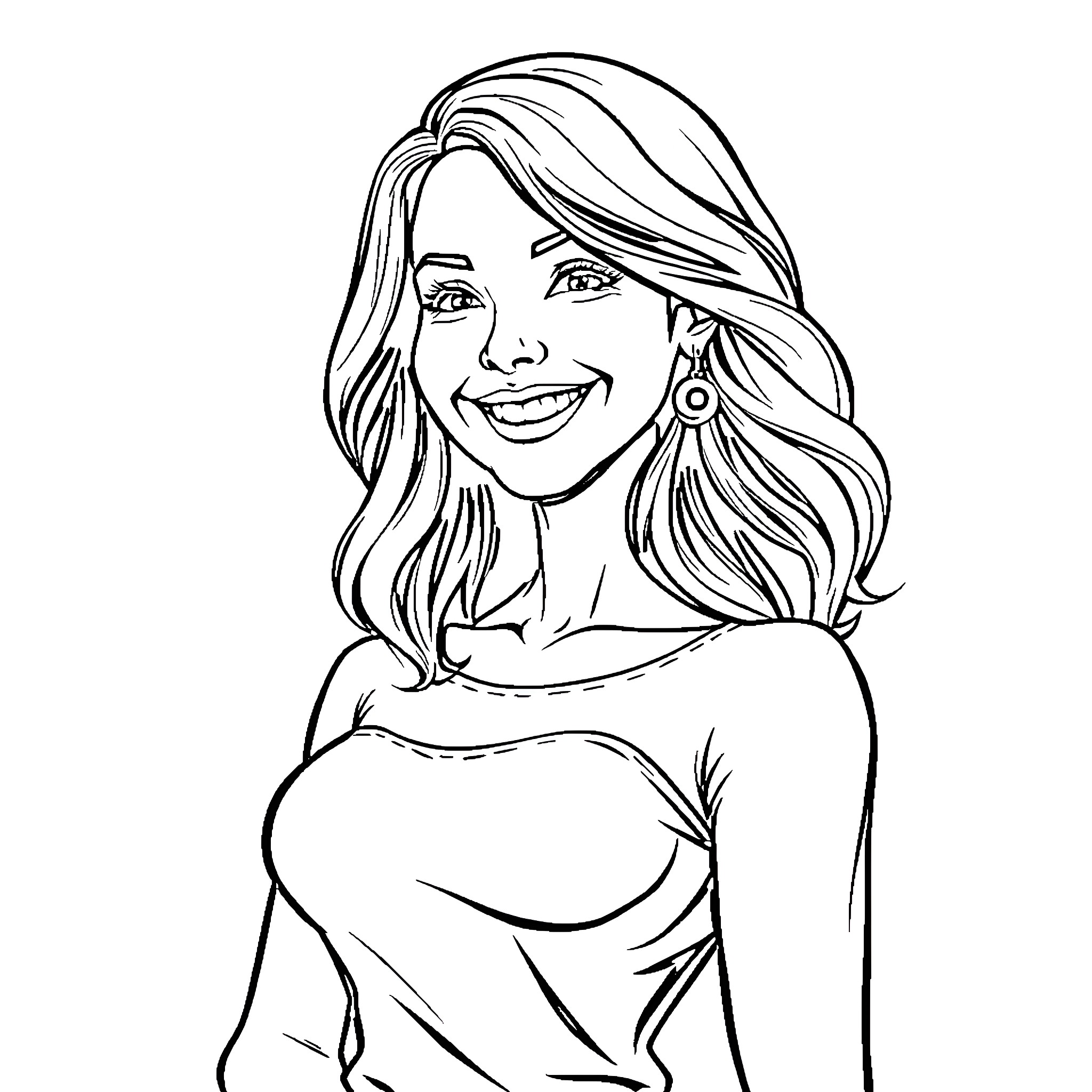 Alana's Joyful Smile and Flowing Hair Coloring Page (free black-and-white line drawing printable PDF for all, from beginners to advanced learners, including children, teens, adults, and seniors)