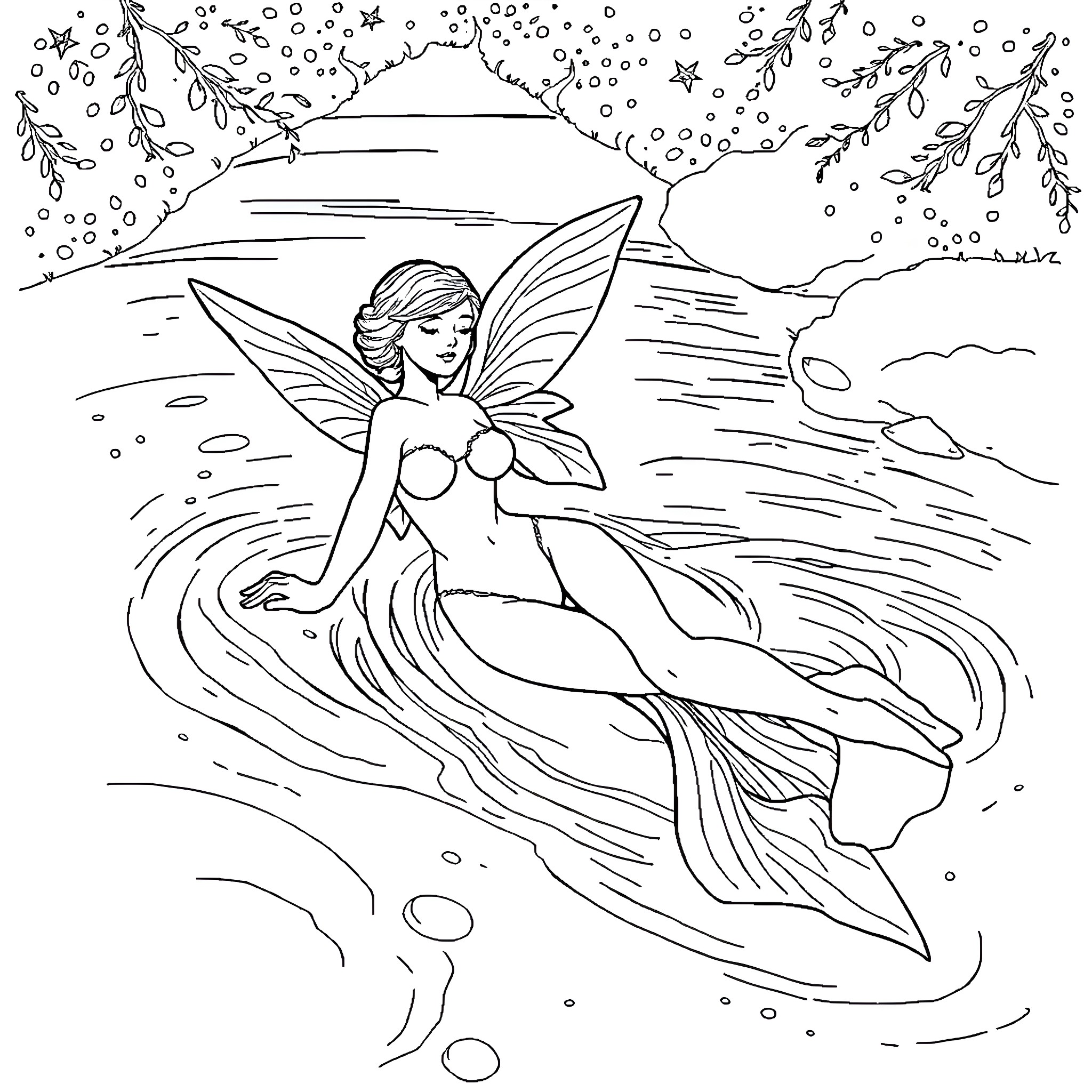 Nymph swimming gracefully in the mystical waters Coloring Page (free black-and-white line drawing printable PDF for all, from beginners to advanced learners, including children, teens, adults, and seniors)