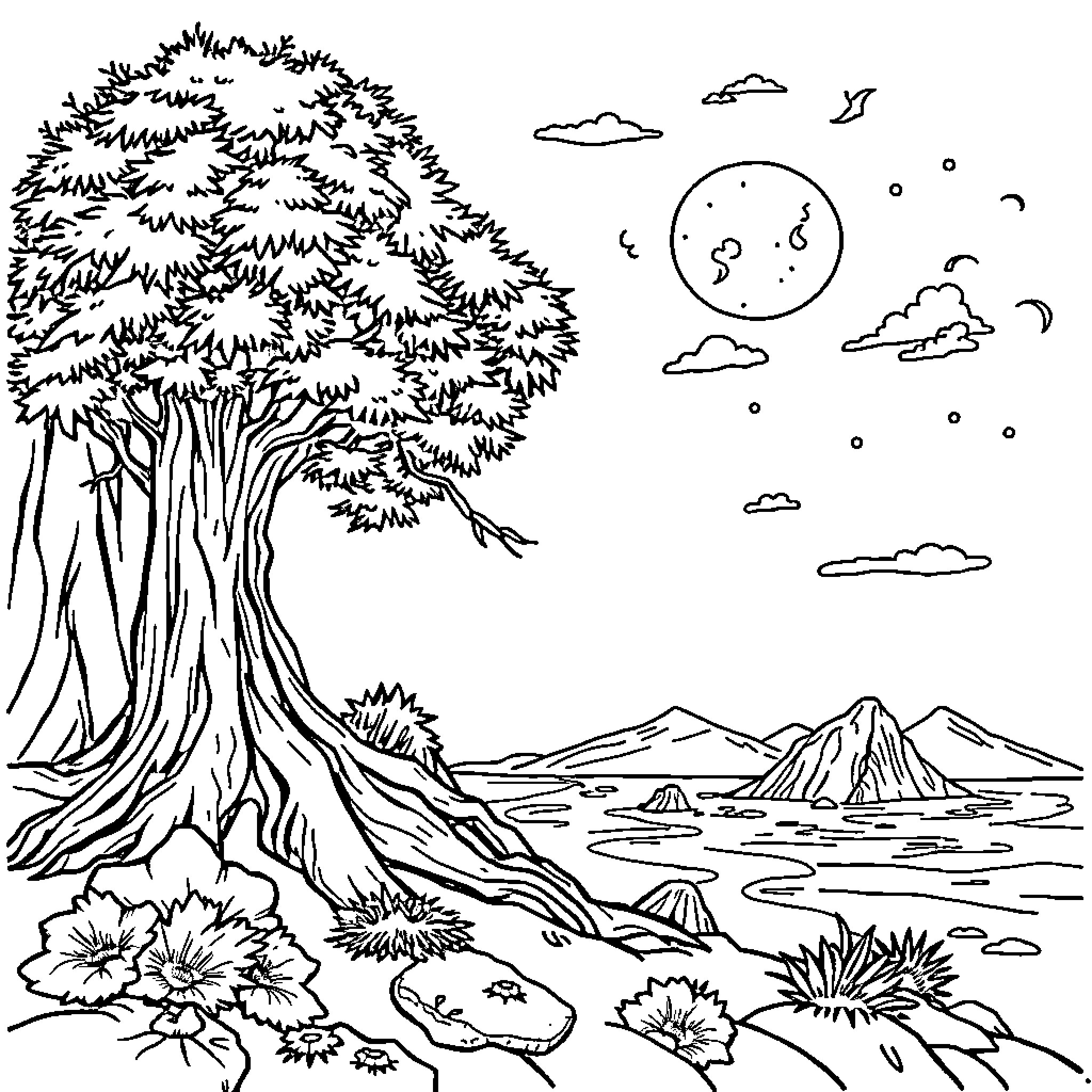 Source Landscape with Blooming Flowers and Trees Coloring Page (free black-and-white line drawing printable PDF for all, from beginners to advanced learners, including children, teens, adults, and seniors)
