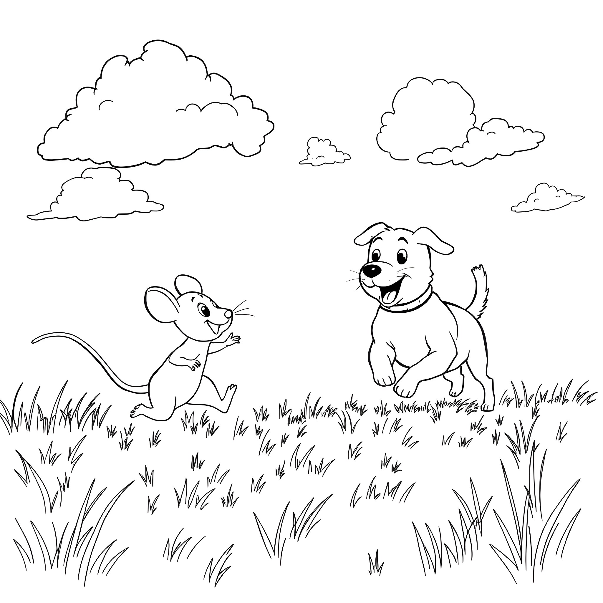 Mouse and dog playing in the grassy field Coloring Page (free black-and-white line drawing printable PDF for all, from beginners to advanced learners, including children, teens, adults, and seniors)