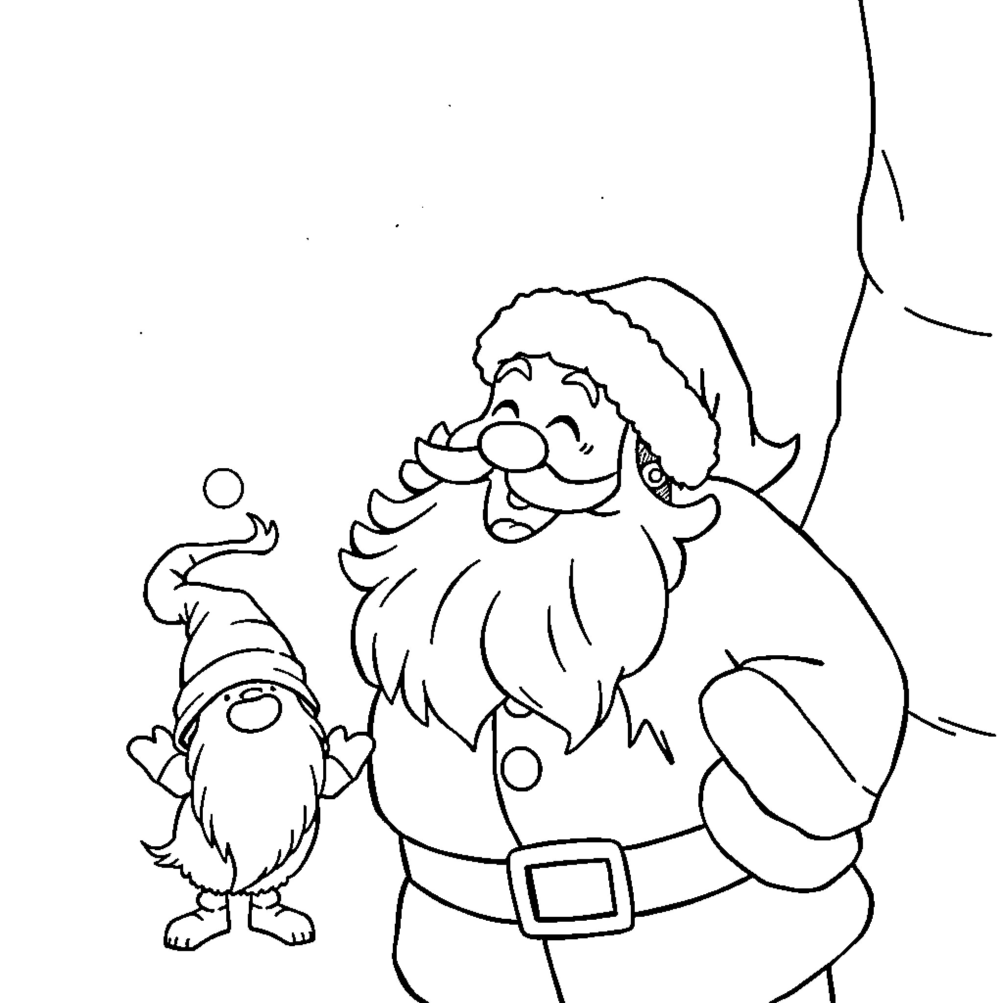 Santa and Elf Celebrating Together Coloring Page (free black-and-white line drawing printable PDF for all, from beginners to advanced learners, including children, teens, adults, and seniors)