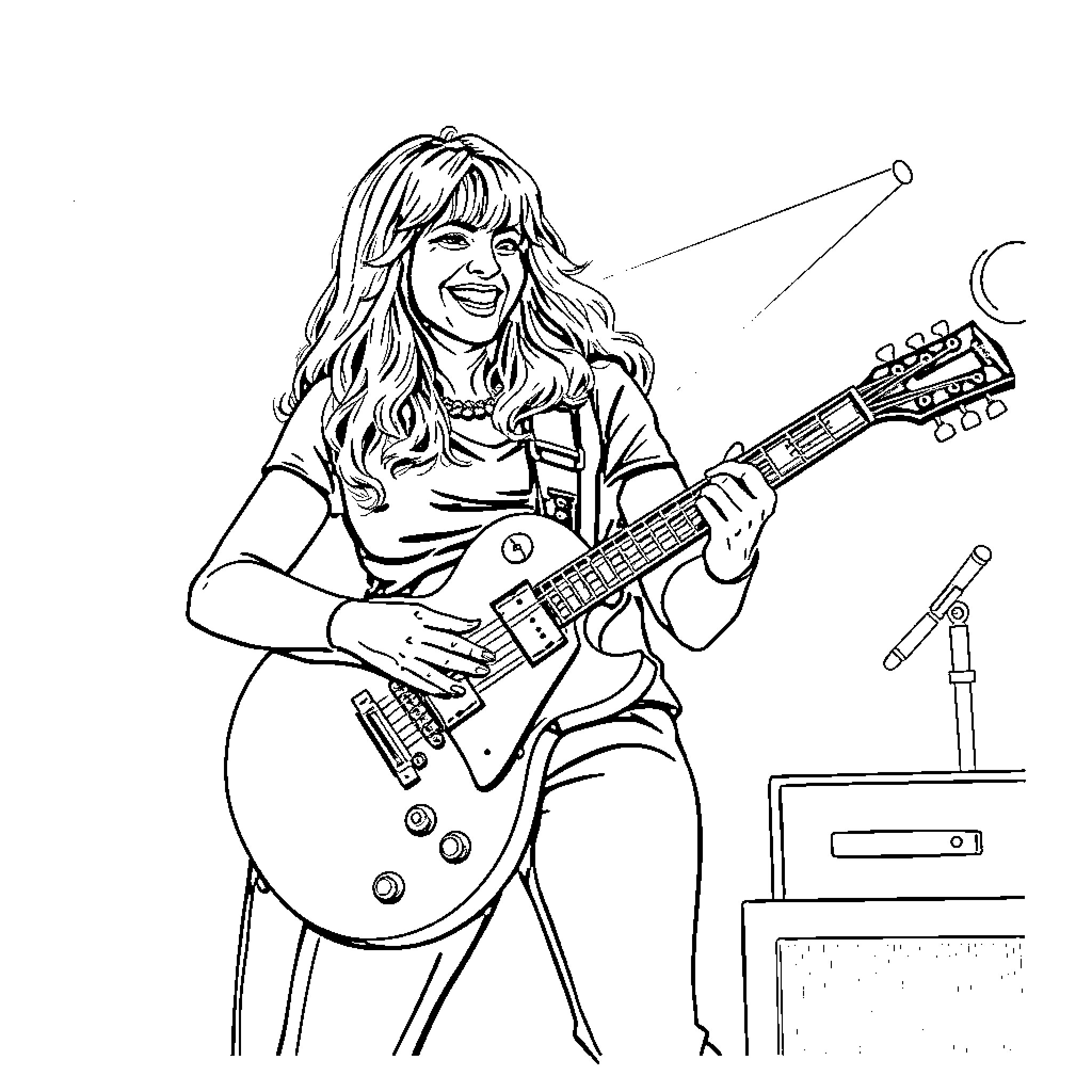 Billie playing electric guitar on stage Coloring Page (free black-and-white line drawing printable PDF for all, from beginners to advanced learners, including children, teens, adults, and seniors)