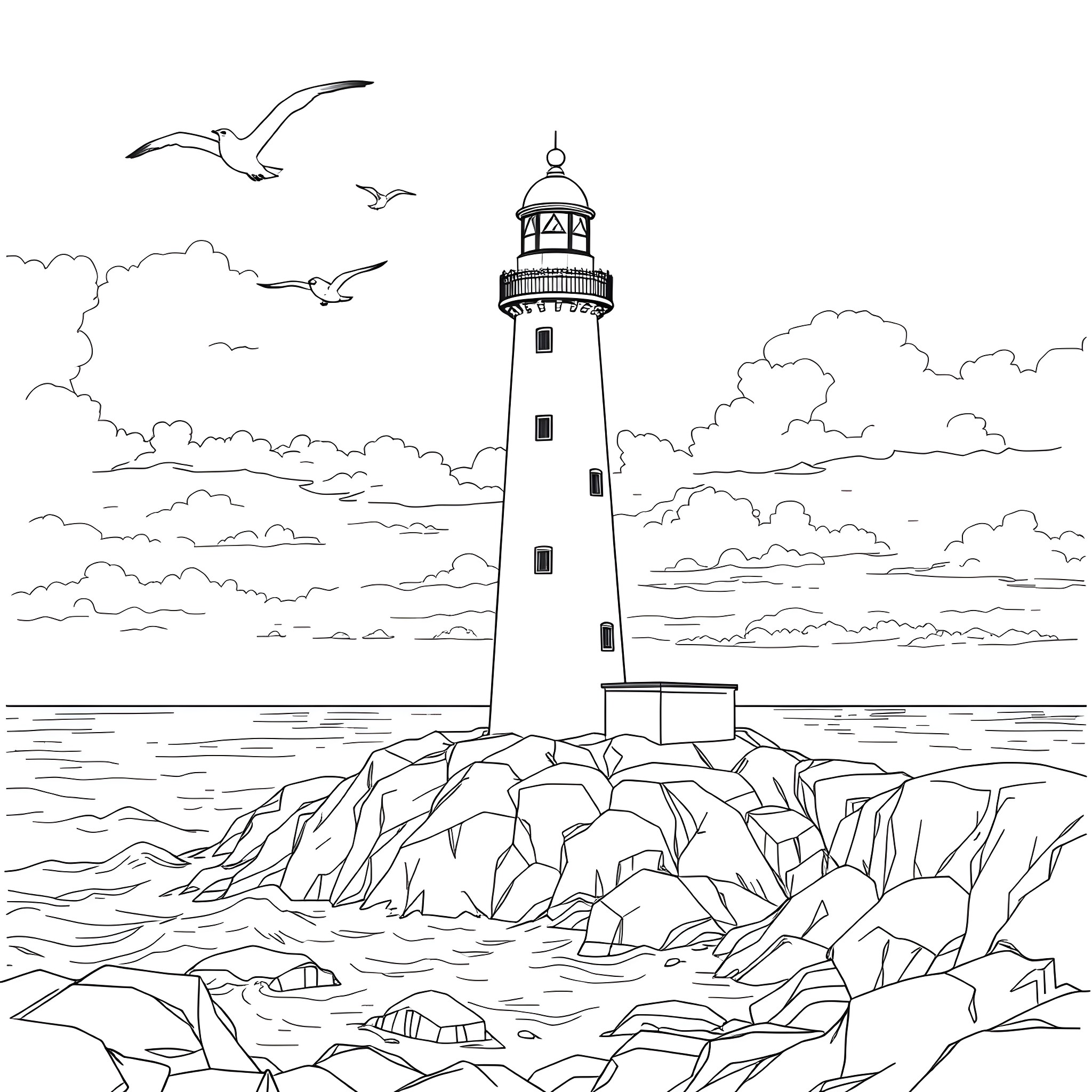 Lighthouse overlooking the rocky coastline Coloring Page (free black-and-white line drawing printable PDF for all, from beginners to advanced learners, including children, teens, adults, and seniors)