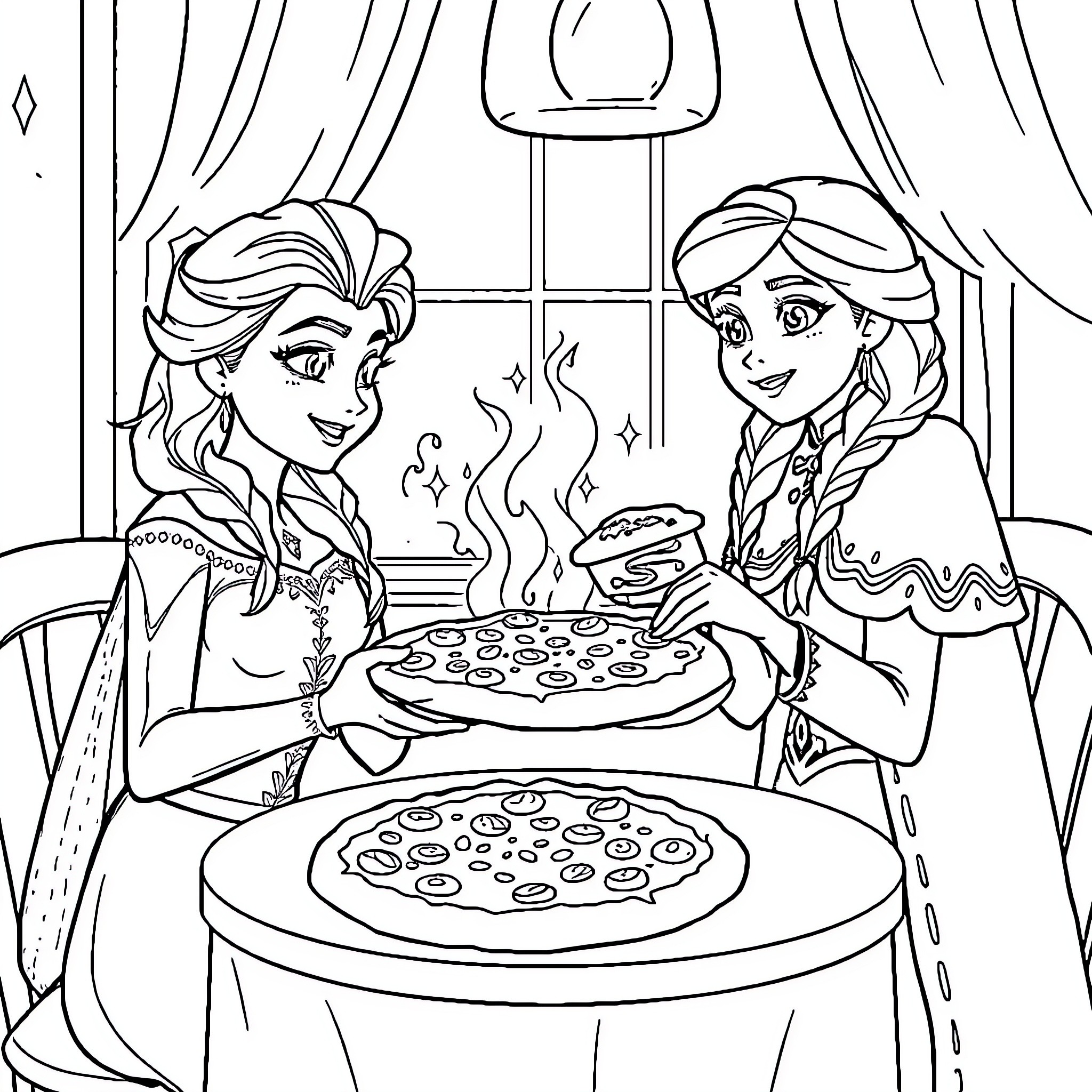 Elsa and Anna Baking Delicious Treats Together Coloring Page (free black-and-white line drawing printable PDF for all, from beginners to advanced learners, including children, teens, adults, and seniors)