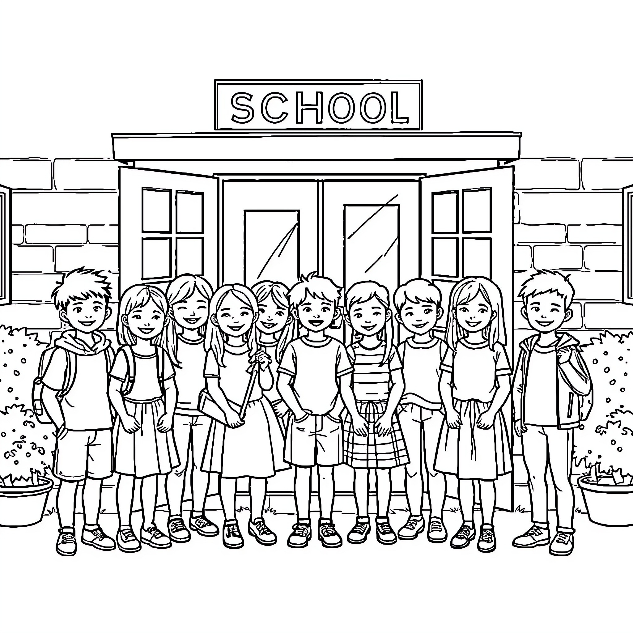 Class Posing Outside School Building Coloring Page (free black-and-white line drawing printable PDF for all, from beginners to advanced learners, including children, teens, adults, and seniors)