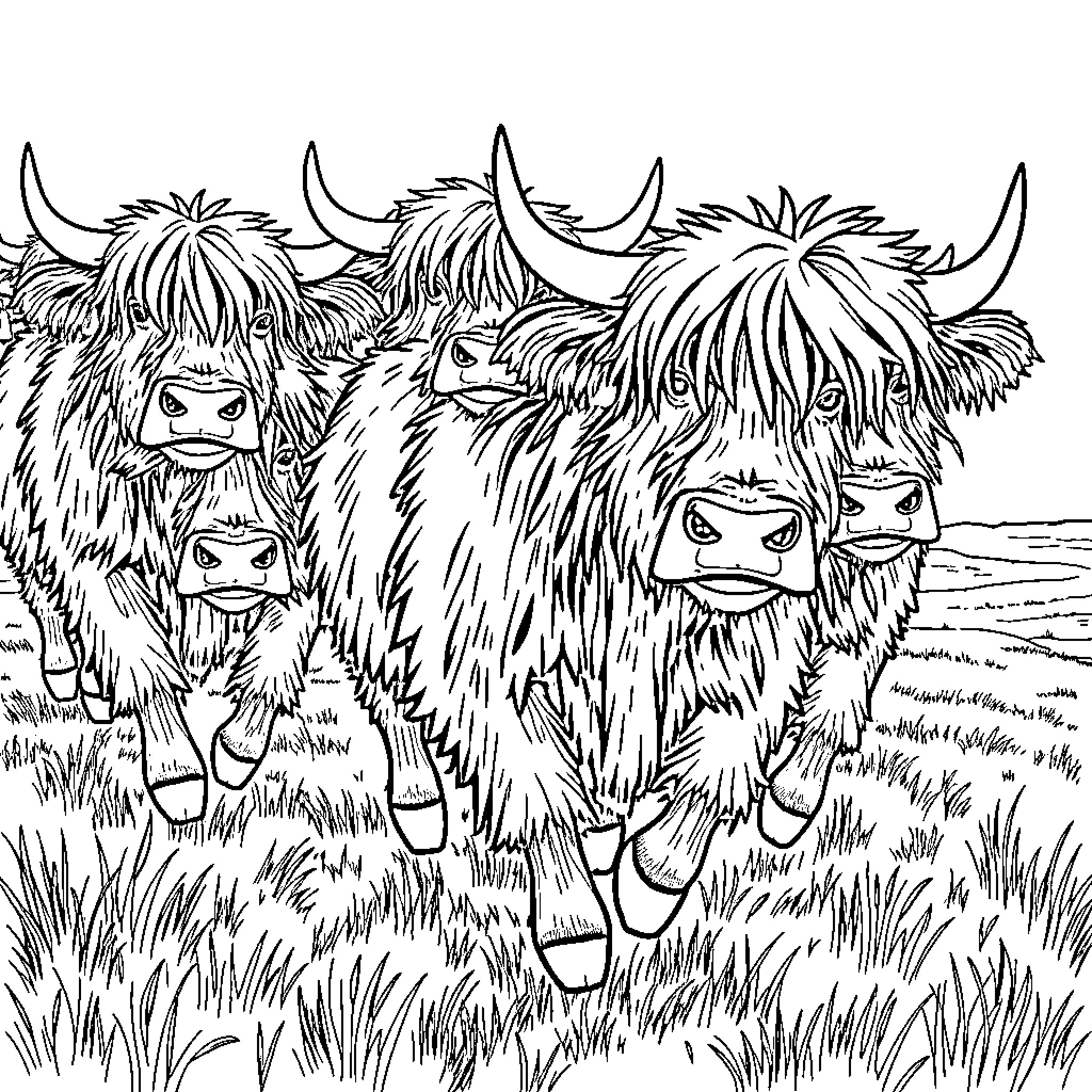 Highland Cows wandering in a grassy field Coloring Page (free black-and-white line drawing printable PDF for all, from beginners to advanced learners, including children, teens, adults, and seniors)