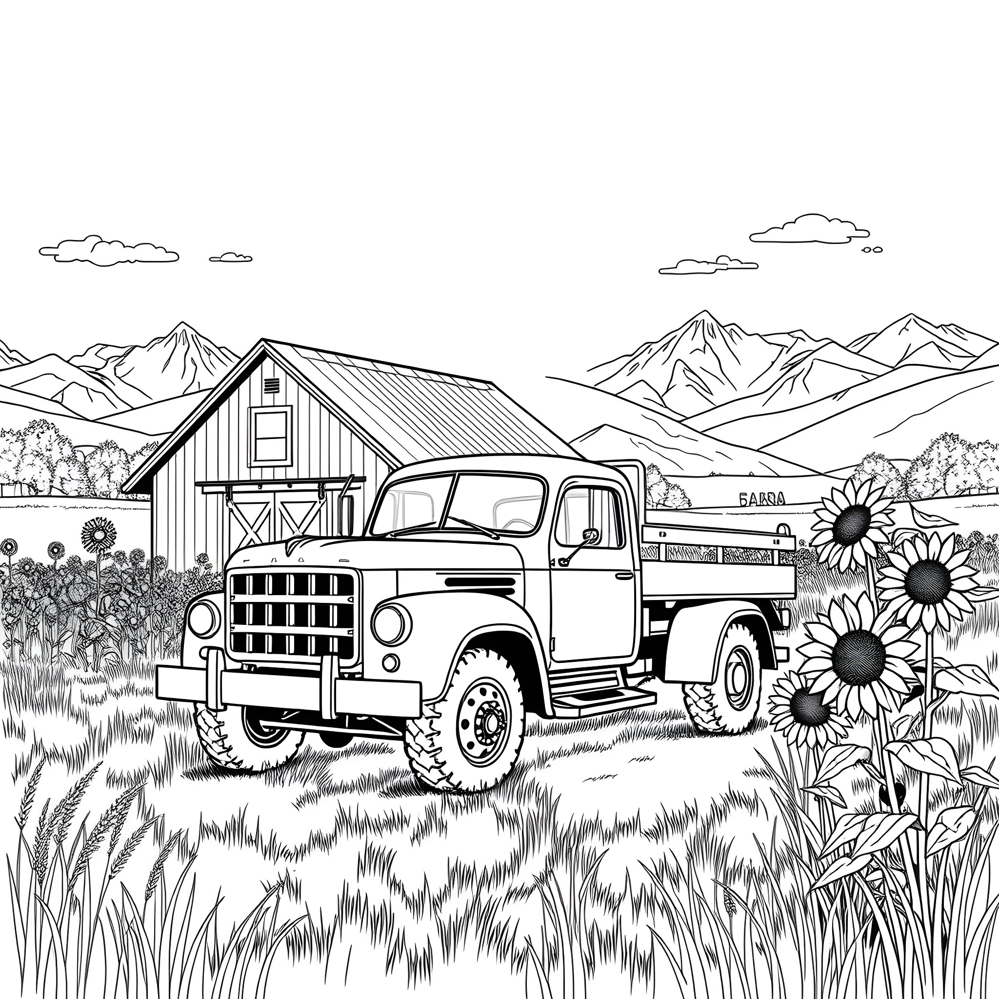 Truck hauling crops in rural countryside Coloring Page (free black-and-white line drawing printable PDF for all, from beginners to advanced learners, including children, teens, adults, and seniors)