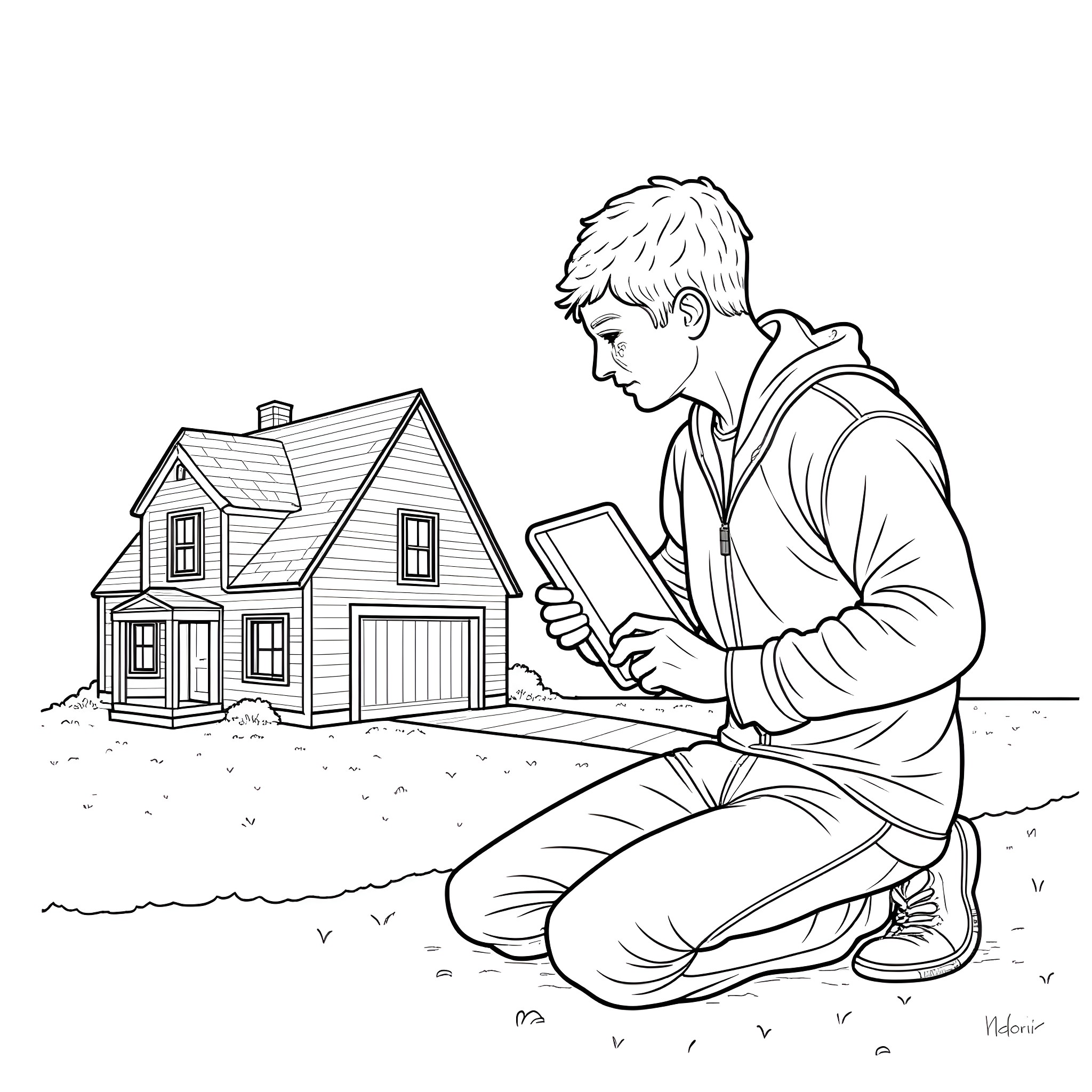 Surveyor examining a house with digital device Coloring Page (free black-and-white line drawing printable PDF for all, from beginners to advanced learners, including children, teens, adults, and seniors)