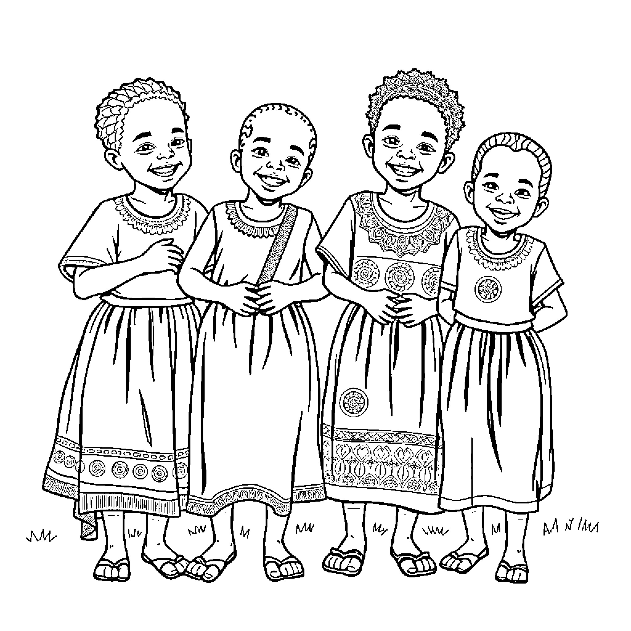 Children smiling in traditional African clothing Coloring Page (free black-and-white line drawing printable PDF for all, from beginners to advanced learners, including children, teens, adults, and seniors)