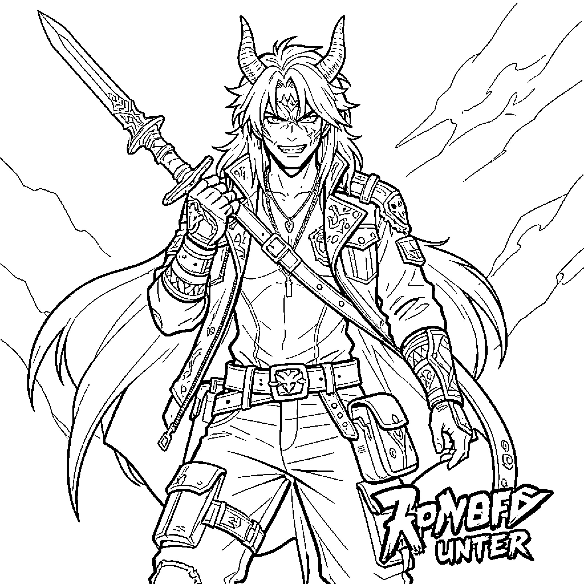 K-POP Demon Hunter wielding a sword with a fierce expression Coloring Page (free black-and-white line drawing printable PDF for all, from beginners to advanced learners, including children, teens, adults, and seniors)